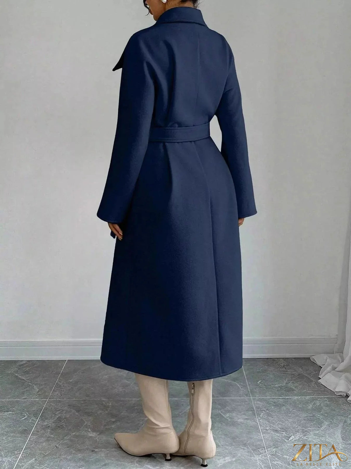 Longline double-breasted coat from Zita La Belle Elite, featuring a stylish design and tailored fit in soft fabric.