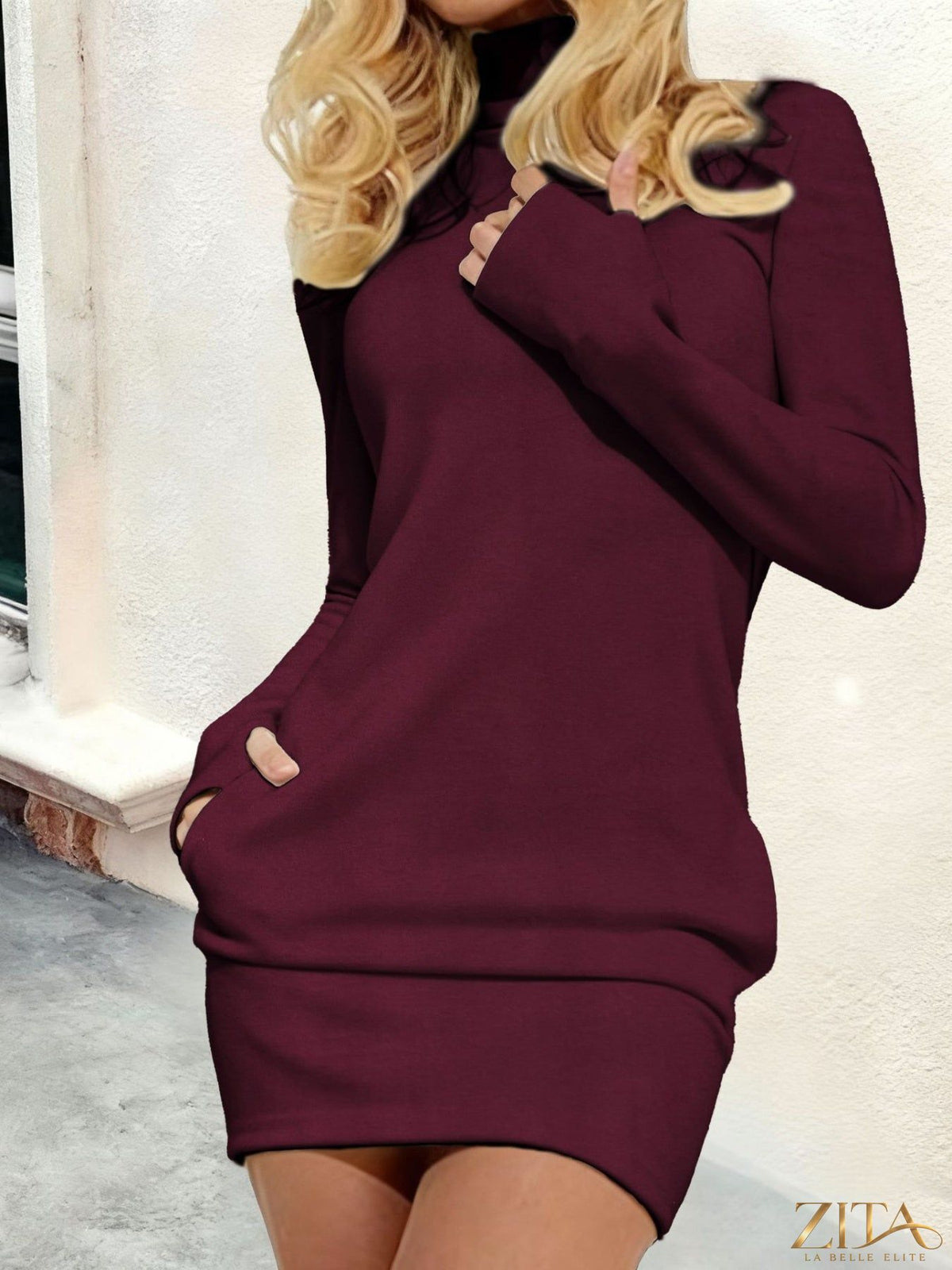 Black turtleneck long sleeve mini dress with pockets, designed by Trendsi, featuring a fitted silhouette and casual style.