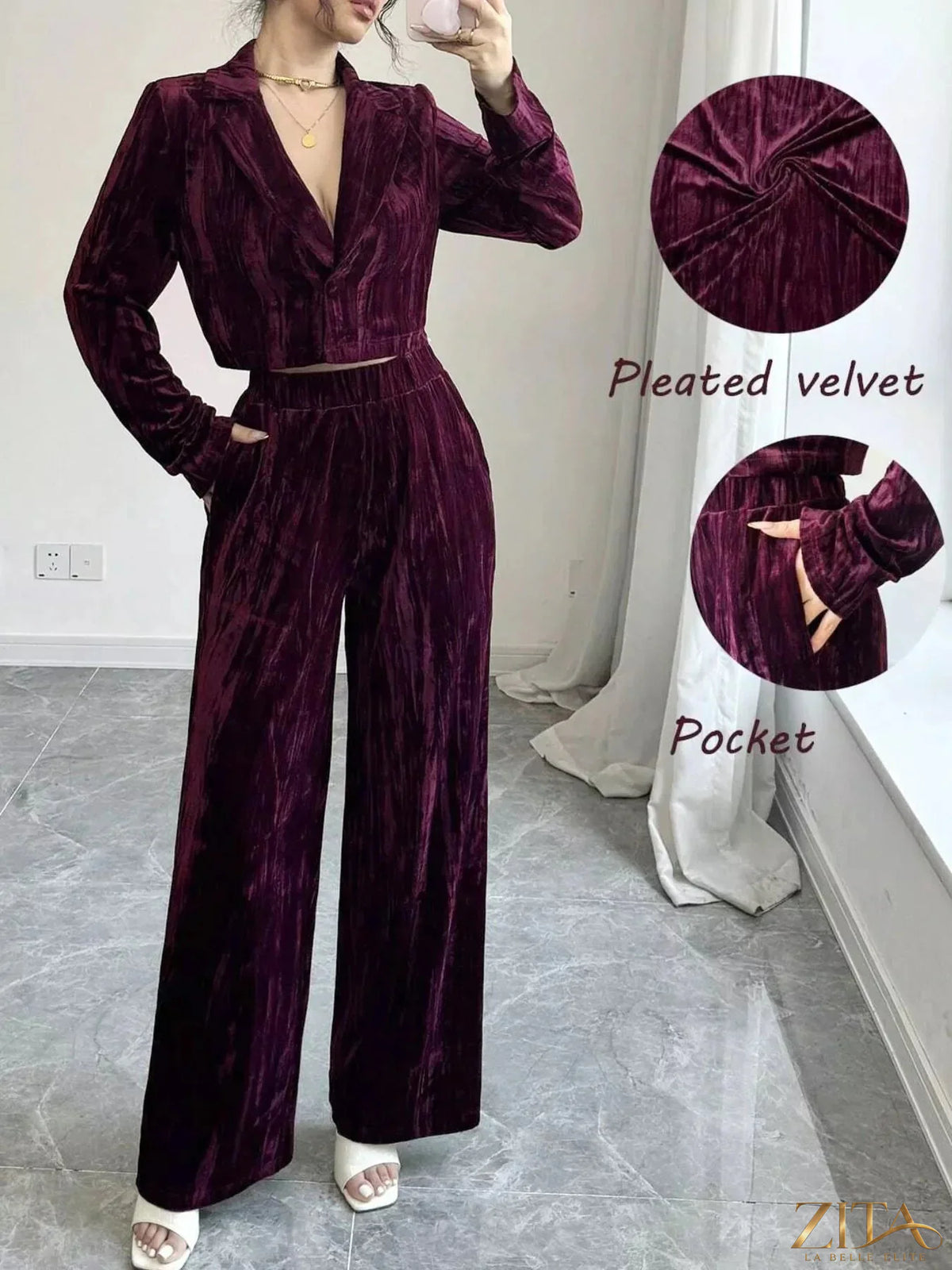 Zita La Belle Elite pleated velvet blazer and wide-leg pants set, showcasing the luxurious fabric and elegant tailored design.