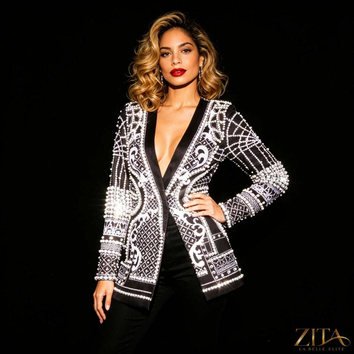 Pearl-bead printed petite blazer for women by Zita La Belle Elite, featuring a tailored fit and stylish design.