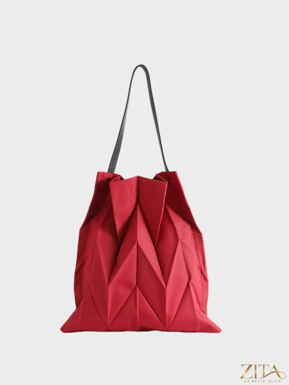Zita La Belle Elite minimalist geometric pleated tote handbag with structured design and top handles, made of eco-friendly material.