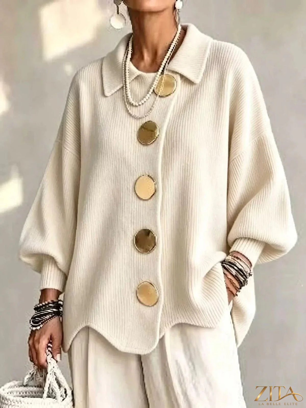 Plus size ribbed knit cardigan with gold buttons from Zita La Belle Elite, featuring a full-size fit and stylish design.