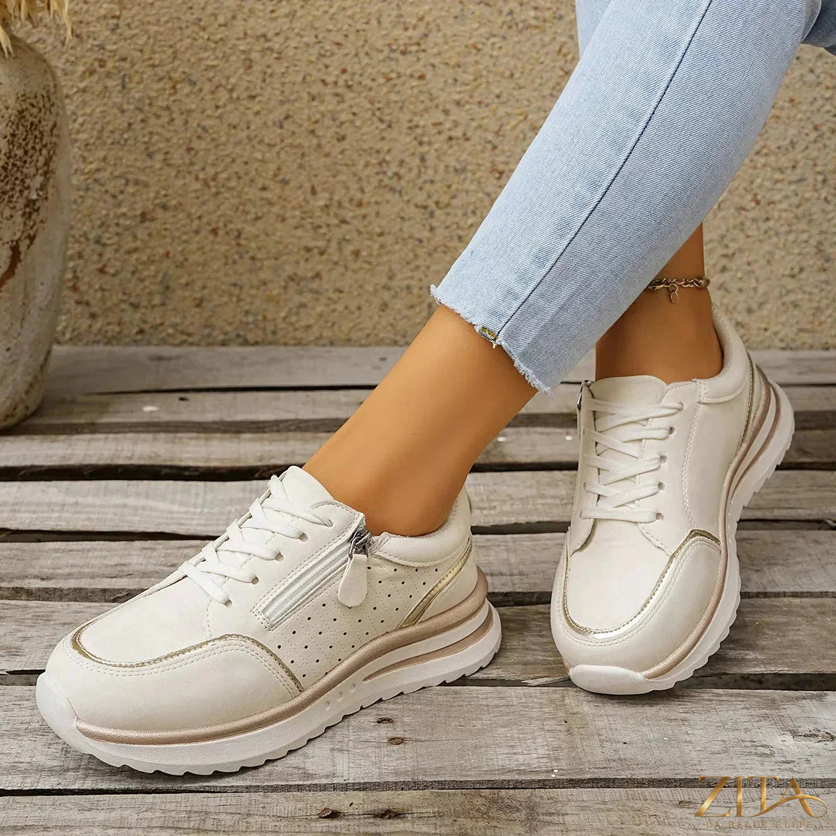 Zita La Belle Elite round toe lace-up sneakers in white with black accents, featuring a stylish and comfortable design.