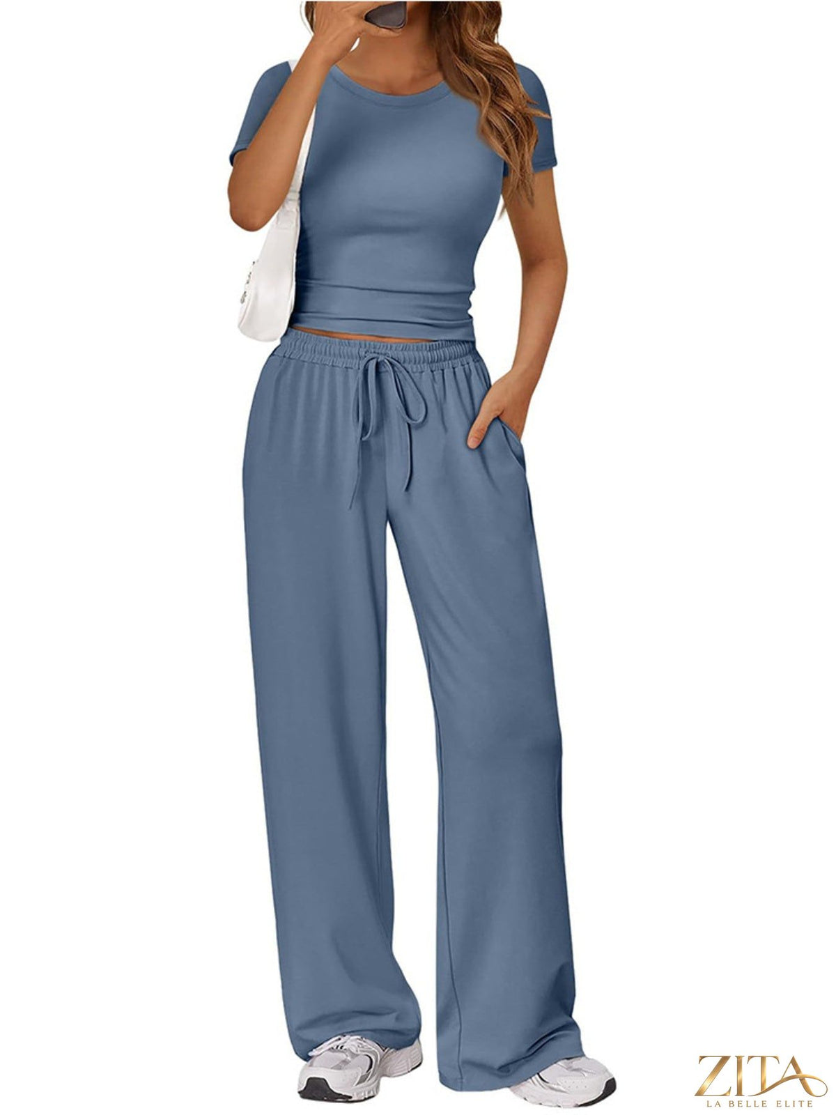 Trendsi round neck short sleeve tee and matching pants set, casual clothing for women, soft fabric and relaxed fit.