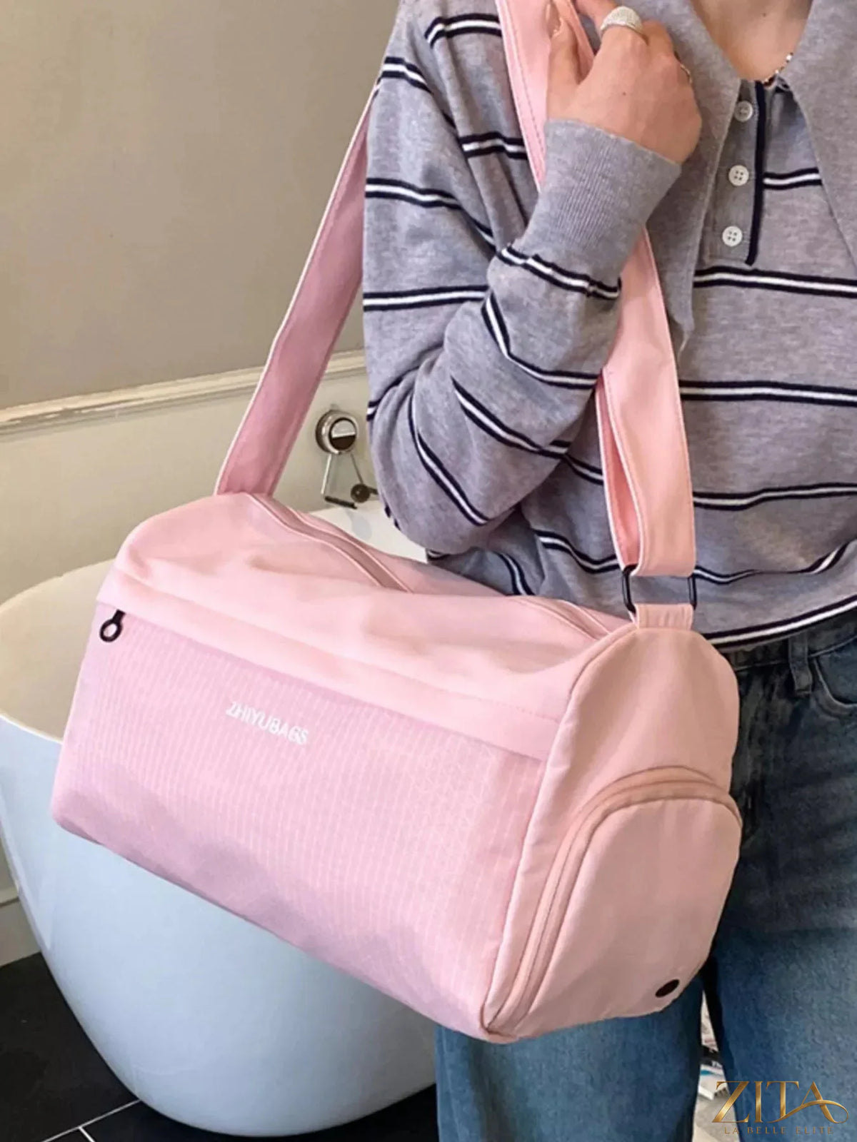 Zita La Belle Elite plaid Oxford cloth travel bag with leather handles and brass hardware, stylish and spacious for travel accessories.
