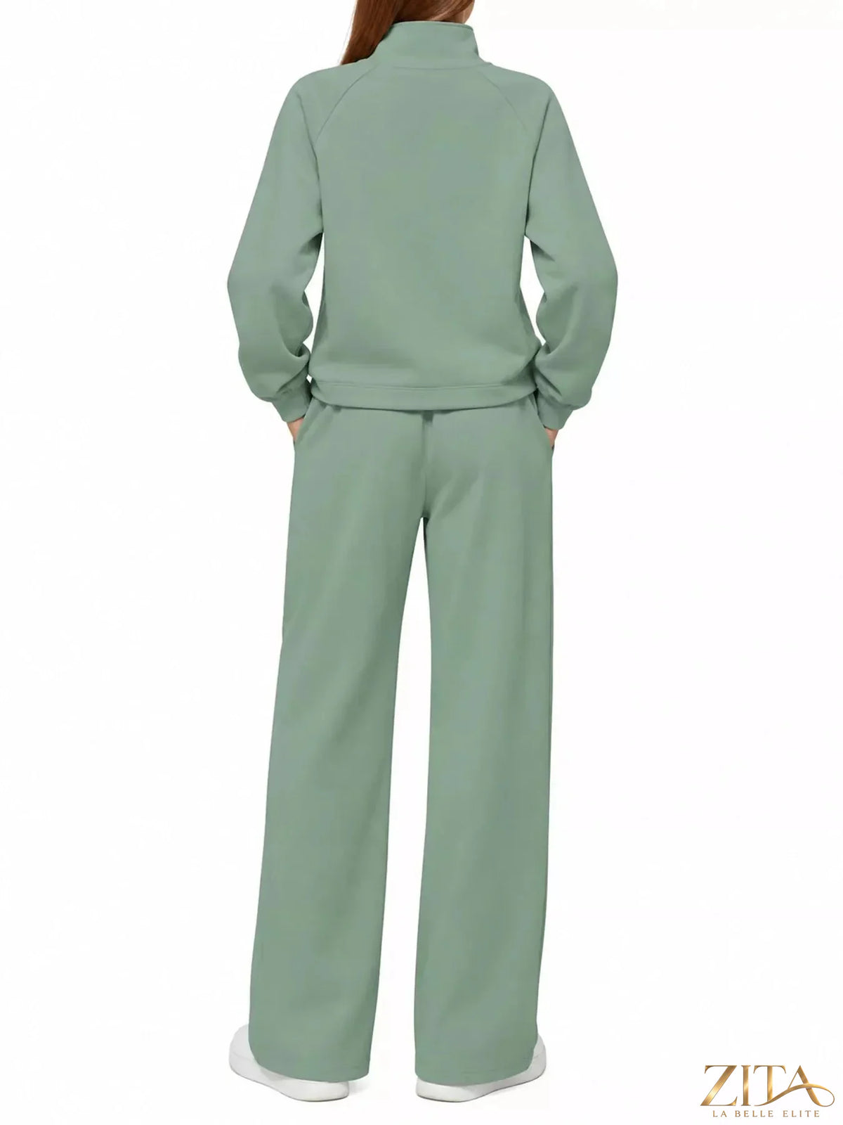 Zita La Belle Elite half-zip sweatshirt and wide-leg pants set in soft fabric, displayed on a model with neutral background.