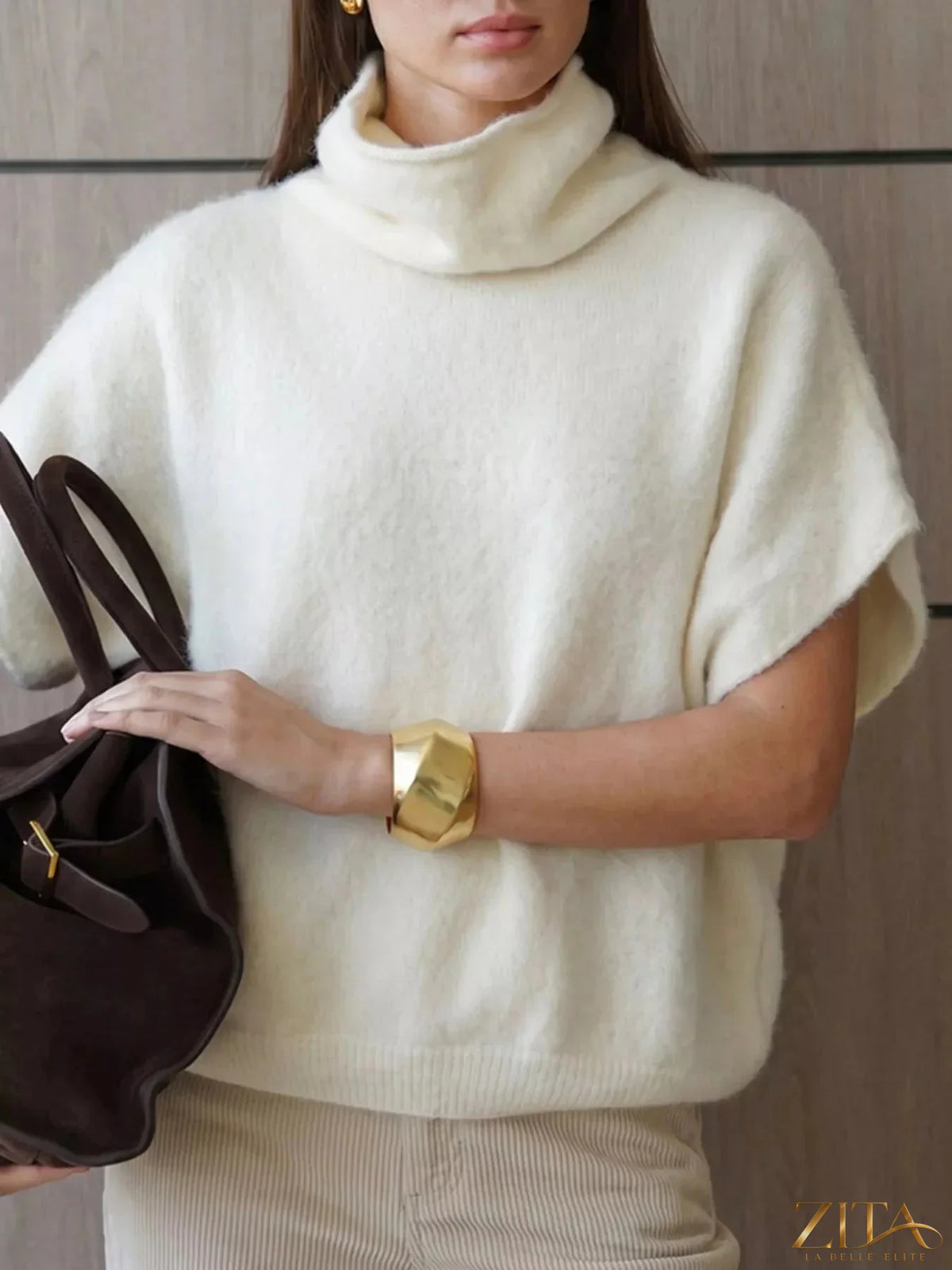 Zita La Belle Elite fuzzy short sleeve turtleneck sweater in cozy knit fabric, showcasing a soft, stylish design.