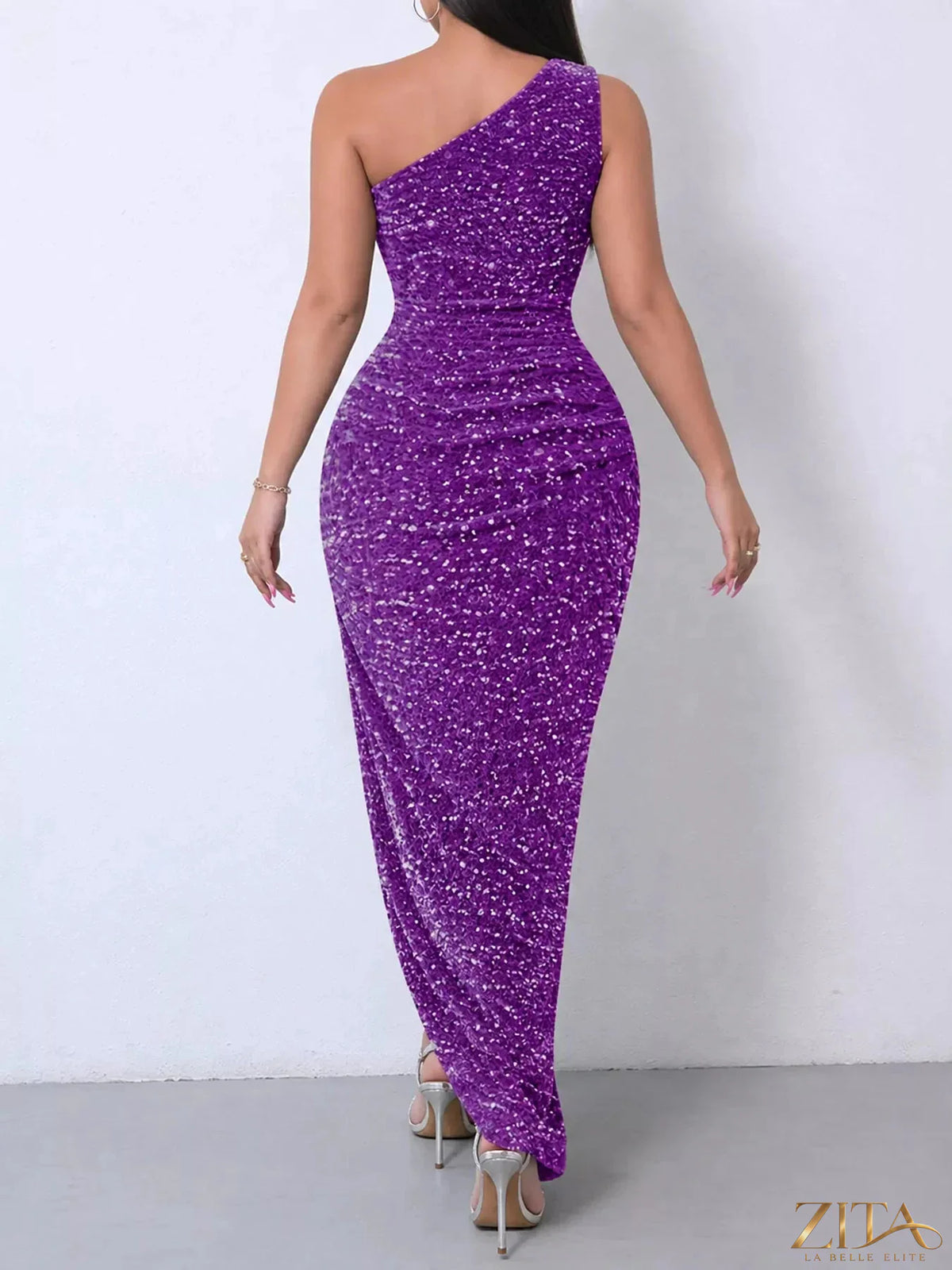 Zita La Belle Elite one-shoulder ruched sequin evening dress with high slit, elegant and glamorous for formal occasions.