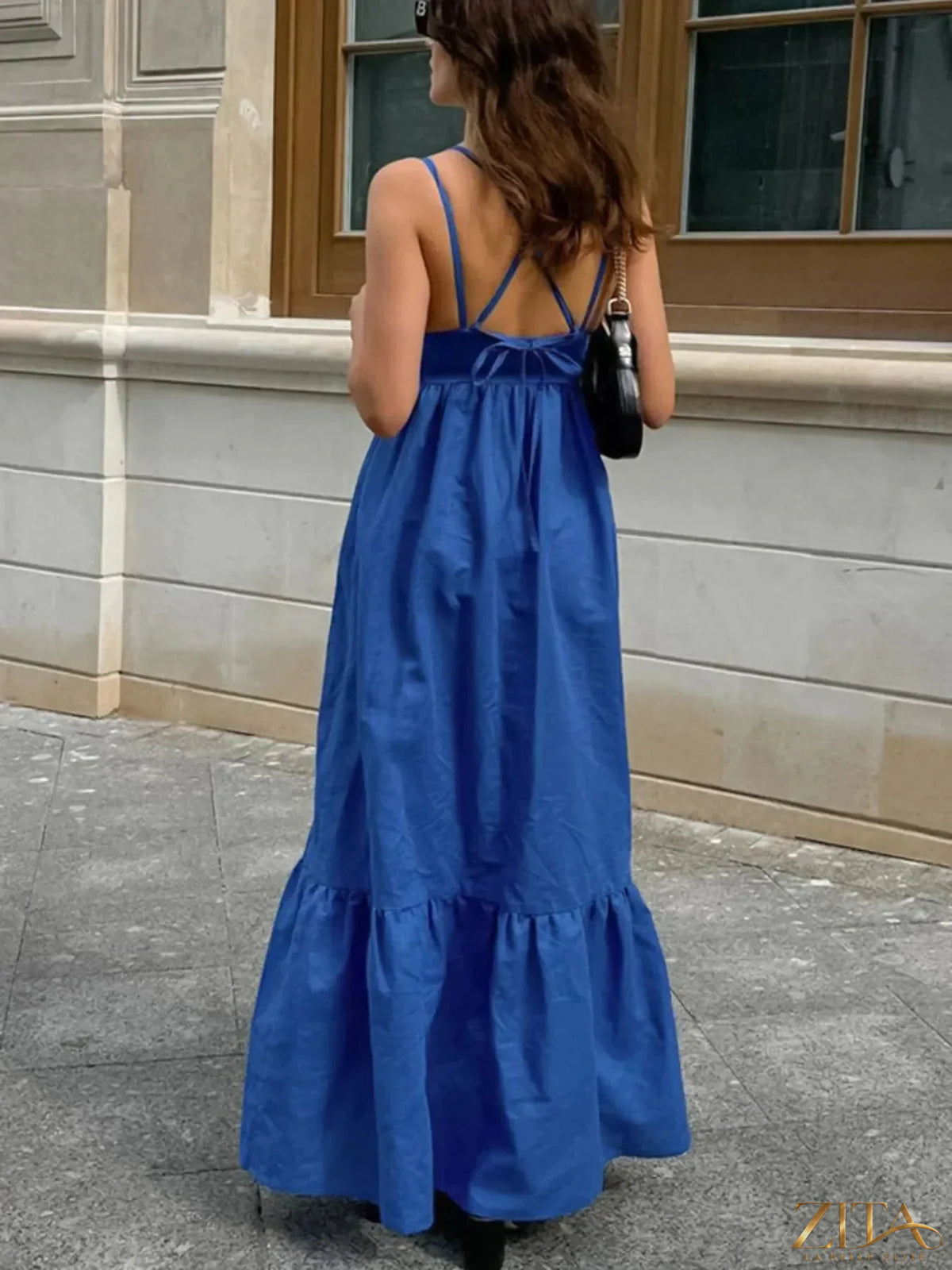 Zita La Belle Elite V-neck tiered maxi cami dress with flowing fabric and sleeveless design, perfect for summer wear.