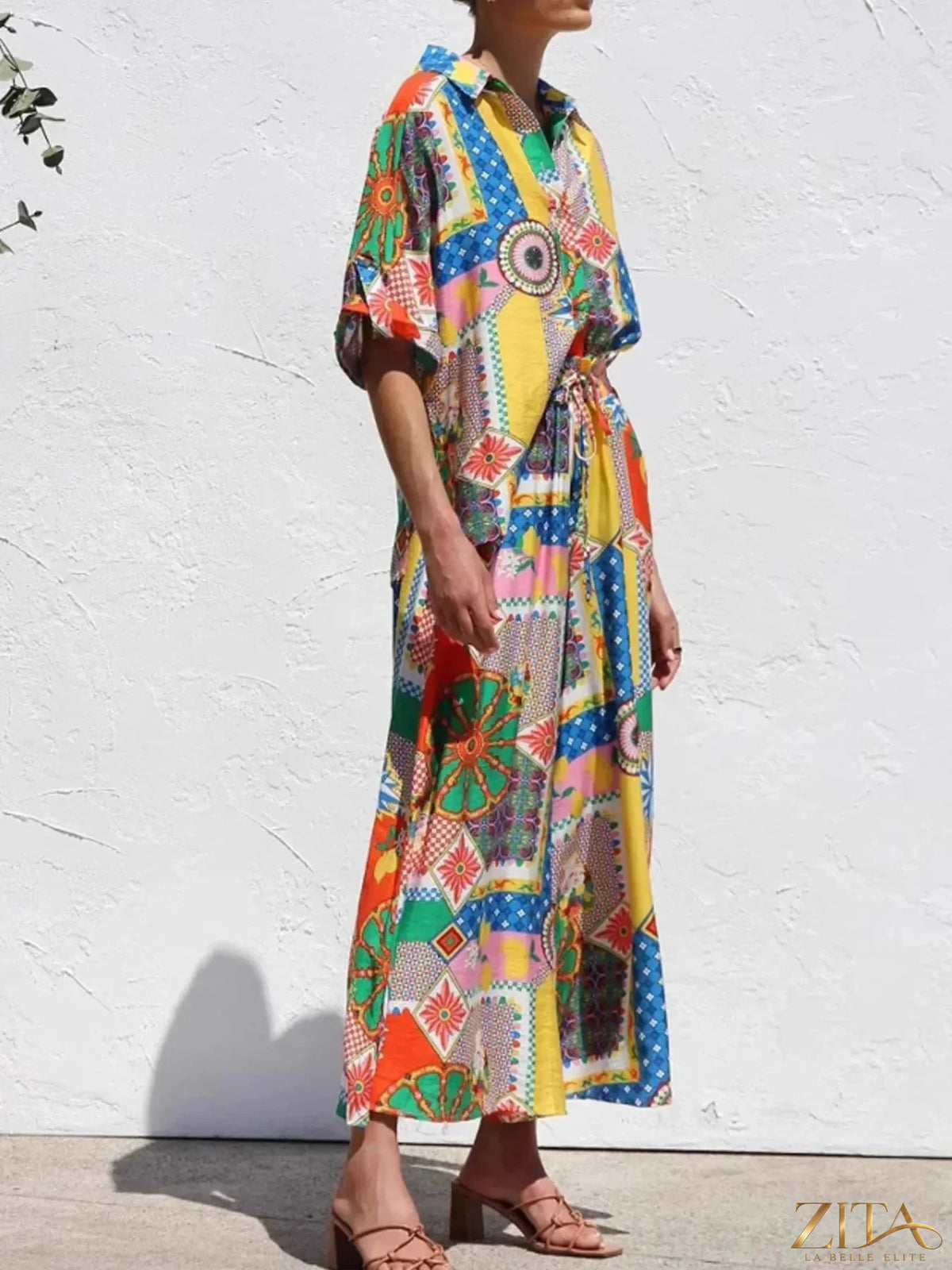 Zita La Belle Elite printed button-up shirt and matching pants set, casual stylish outfit on a model.