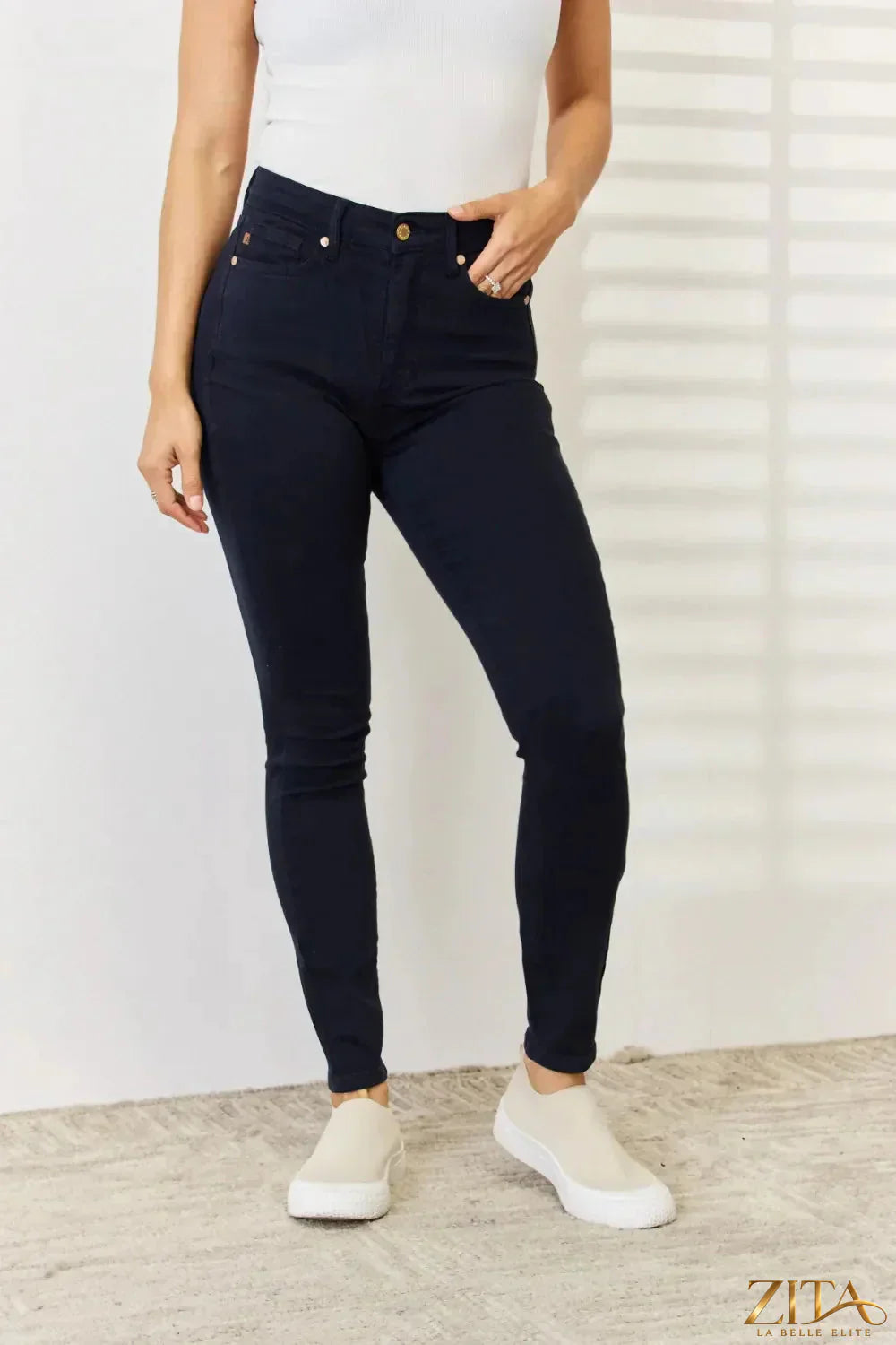 Zita La Belle Elite Judy Blue full-size skinny jeans with garment dye and tummy control, shown in a natural pose.