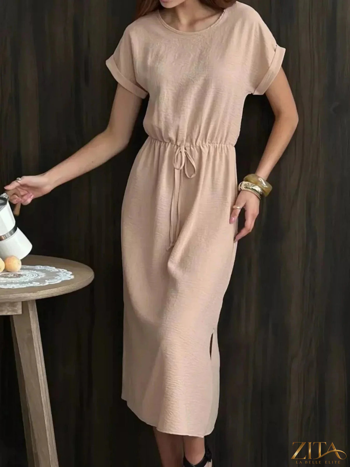 Zita La Belle Elite casual midi dress with drawstring waist, lightweight fabric, and relaxed fit, perfect for everyday wear.