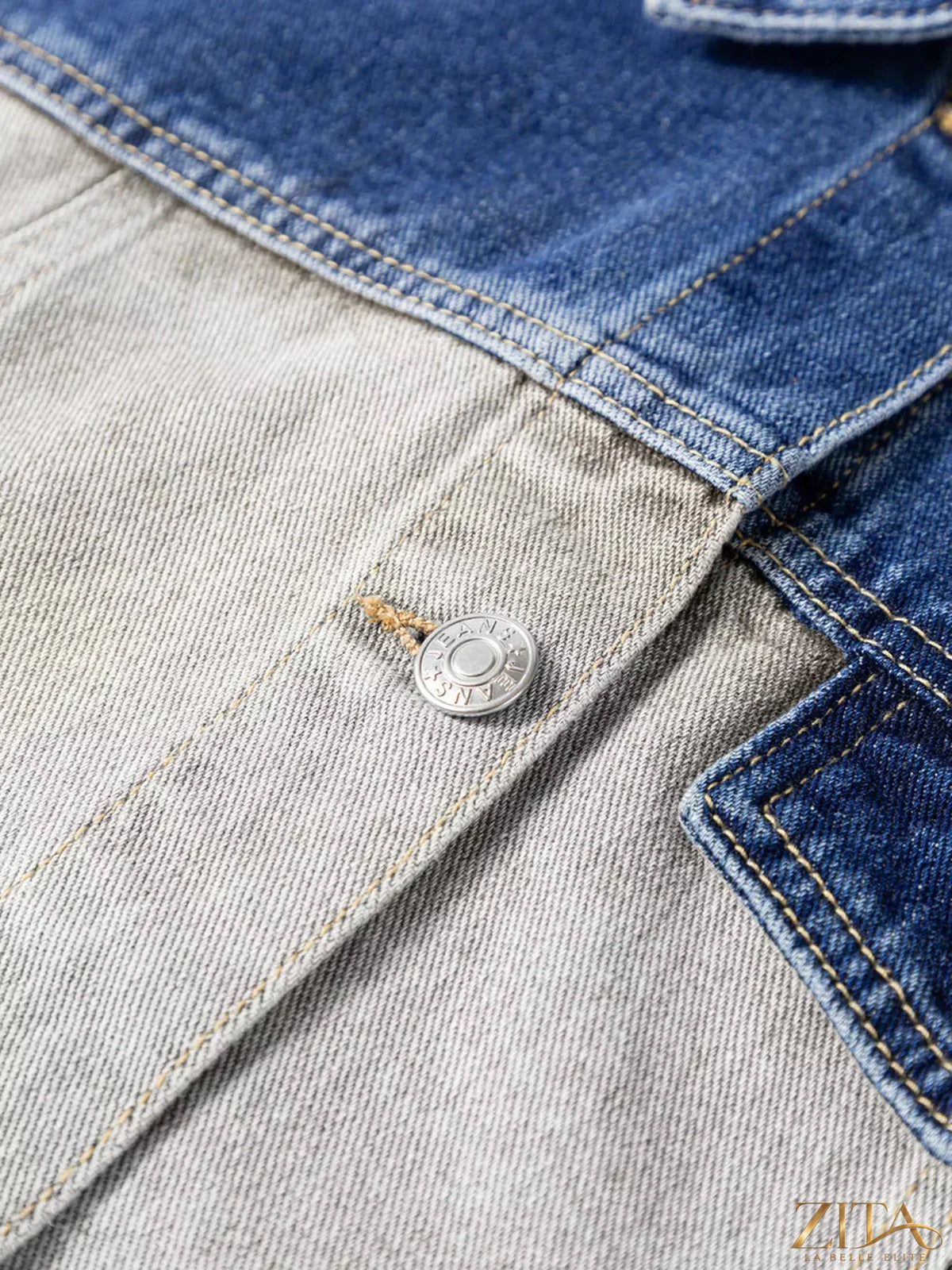 Zita La Belle Elite color block patchwork raw hem denim jacket with mixed fabric panels and distressed raw edge design.