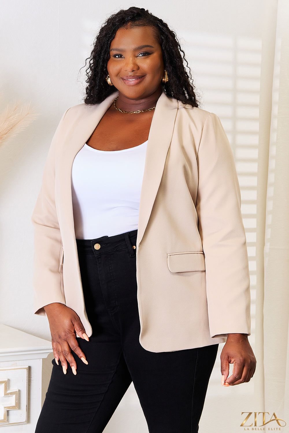 Zita La Belle Elite Devine shawl collar long sleeve blazer in black, tailored with lapel collar and sleek design.