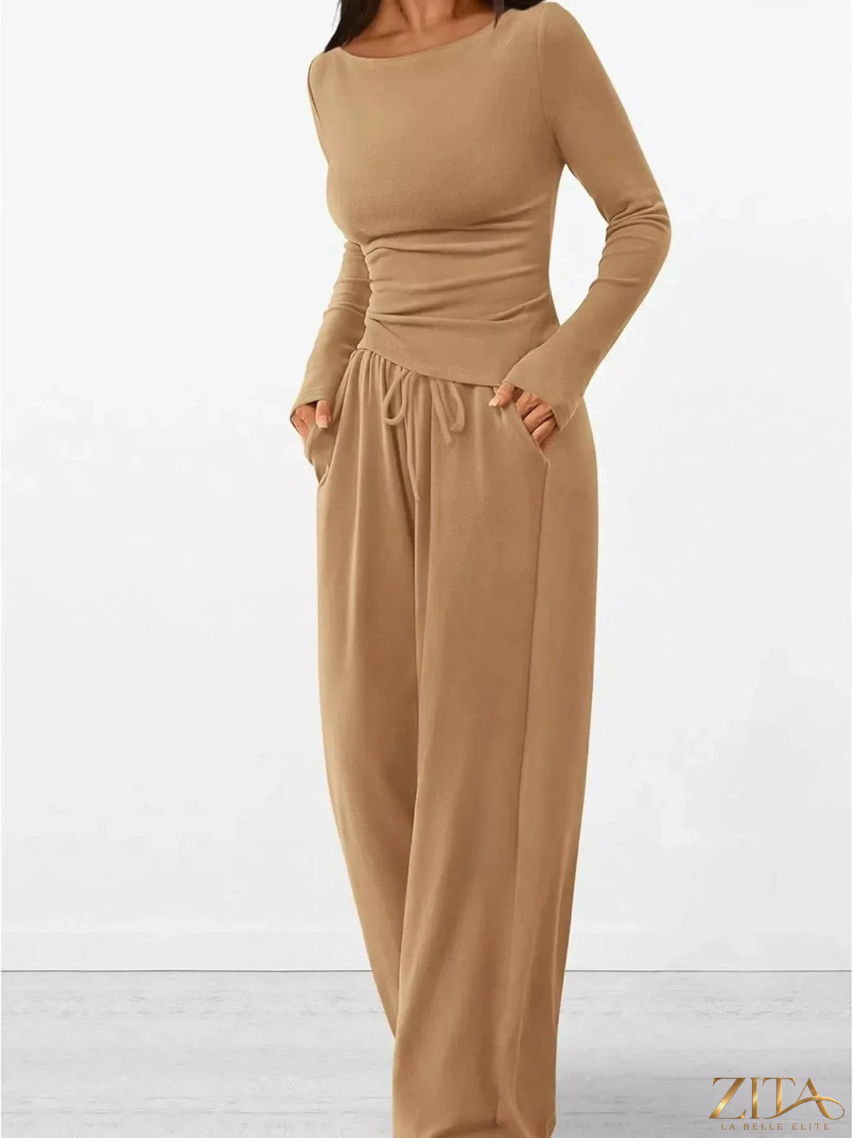 Zita La Belle Elite long sleeve top and wide leg pants set in soft fabric, shown on a model with neutral background.