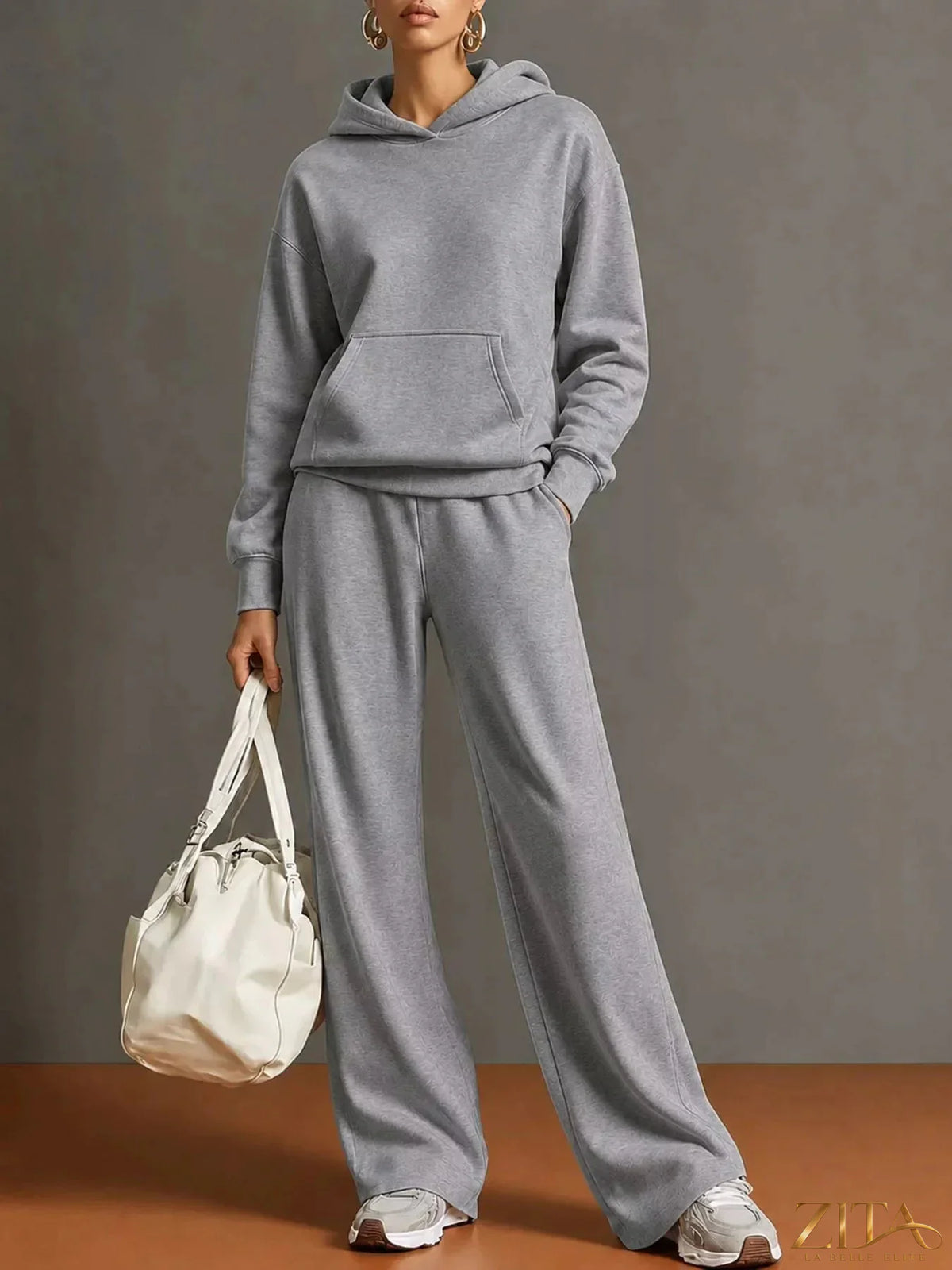Zita La Belle Elite kangaroo pocket hoodie and matching pants set, soft fabric, casual loungewear for comfortable everyday wear.