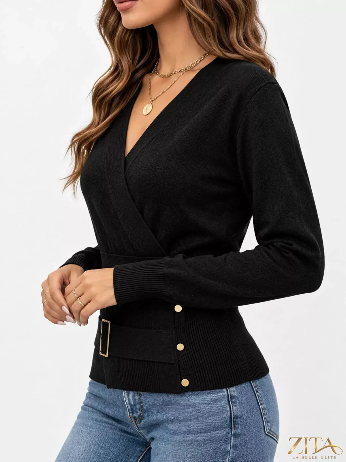 Zita La Belle Elite surplice long sleeve knit top with elastic waist, featuring a stylish and comfortable design.