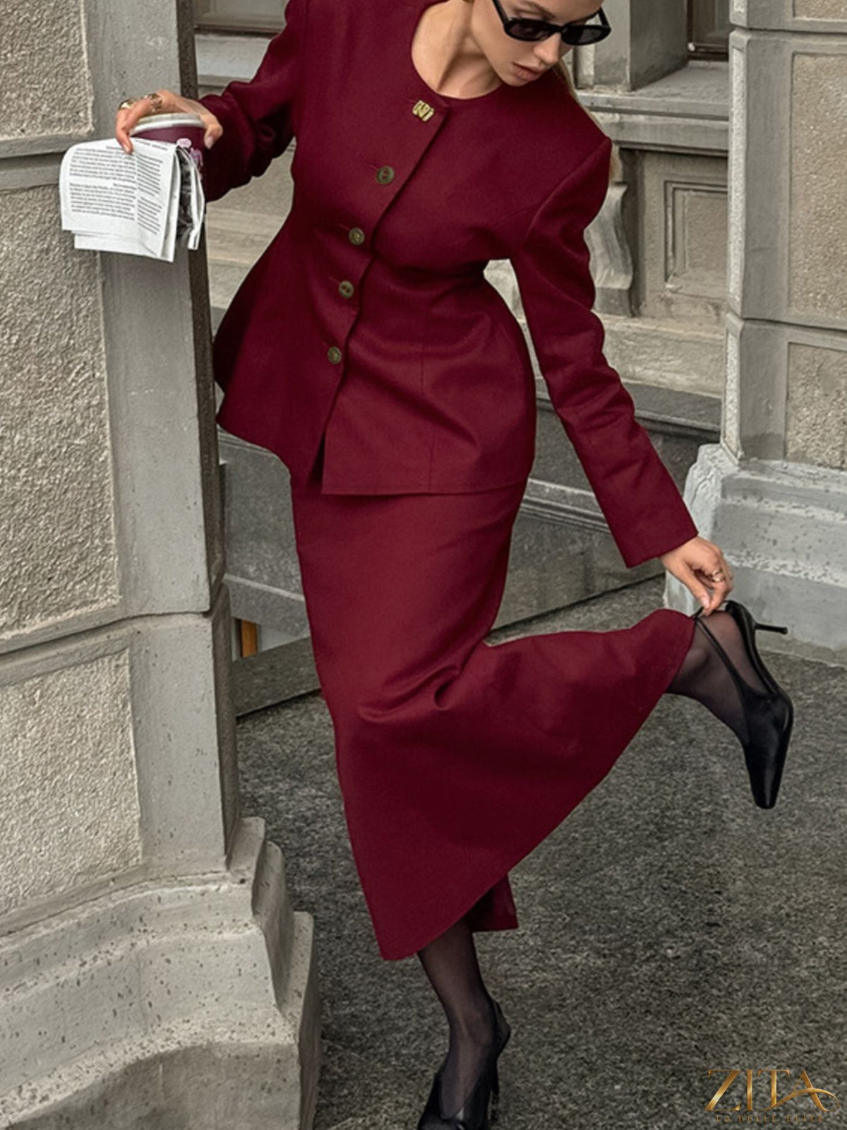 Zita La Belle Elite button-up peplum blazer and matching skirt set, featuring tailored fit and elegant design.