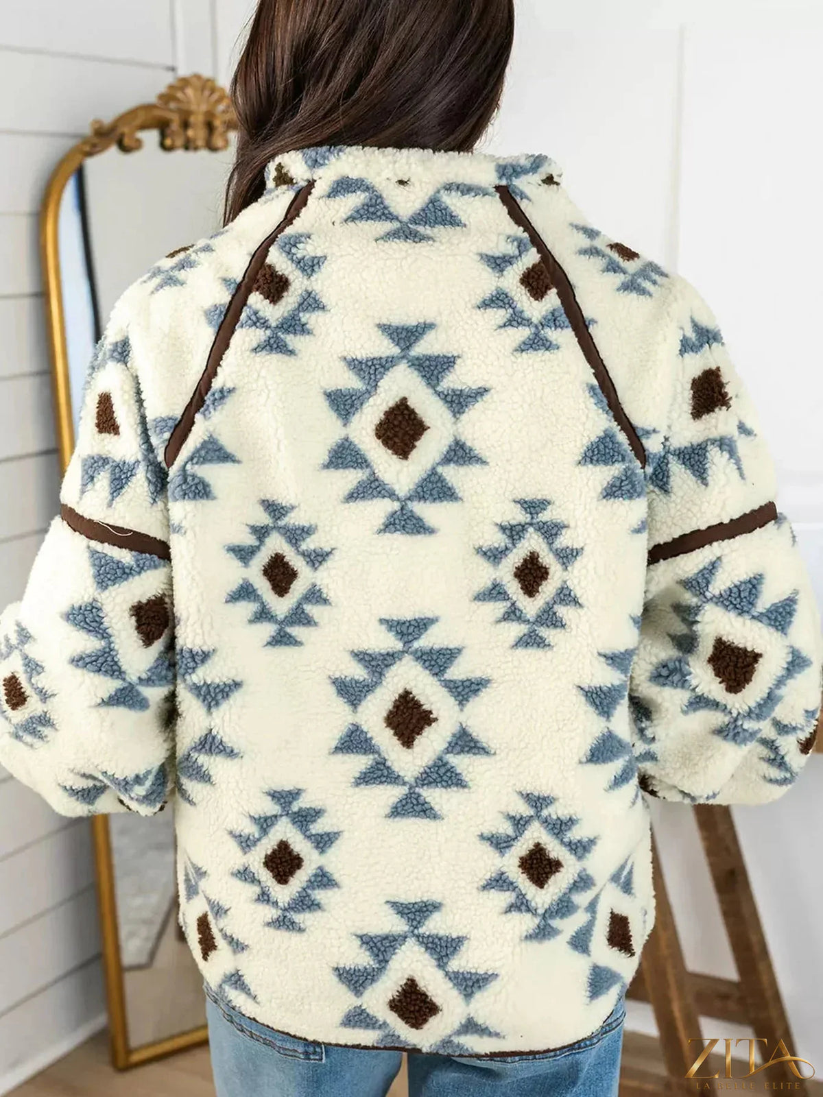 Zita La Belle Elite geometric print sherpa western style long sleeve sweatshirt with bold patterns and cozy fabric.