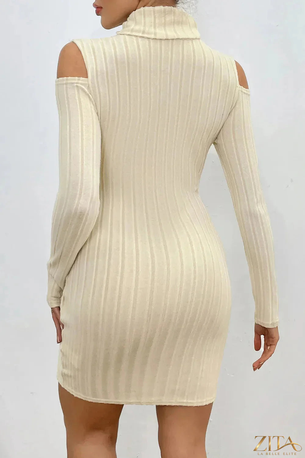 Ribbed turtleneck cold shoulder long sleeve mini dress by Trendsi, featuring a fitted silhouette and stylish shoulder cutouts.