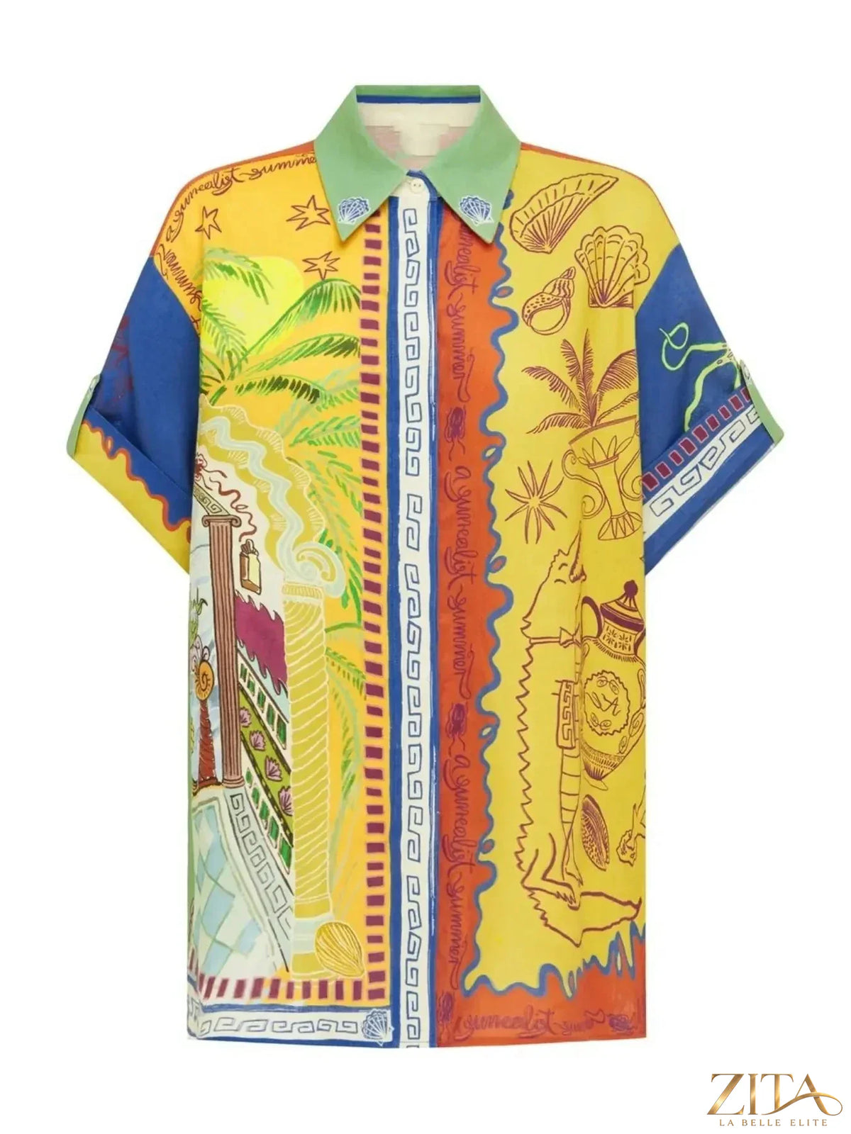 Zita La Belle Elite printed button-up shirt and matching pants set, featuring a stylish pattern and tailored fit.