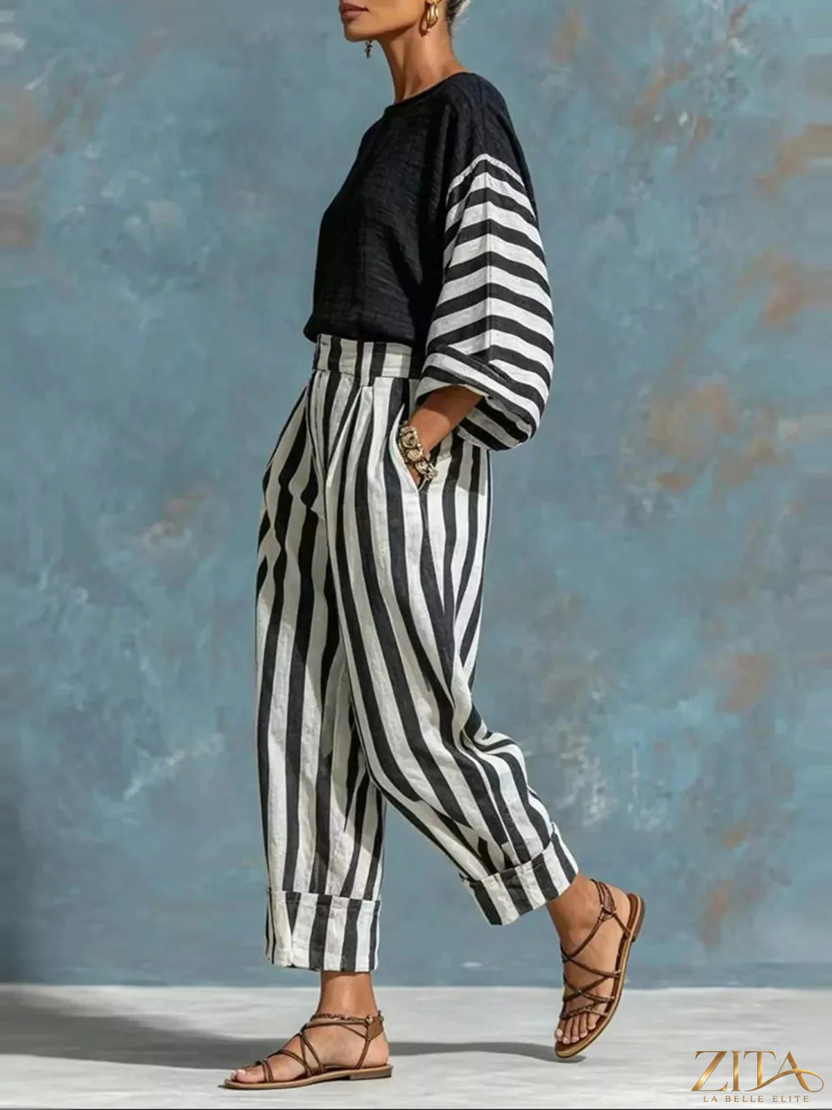 Zita La Belle Elite striped long sleeve top and matching pants set, casual outfit with bold vertical stripes in neutral tones.