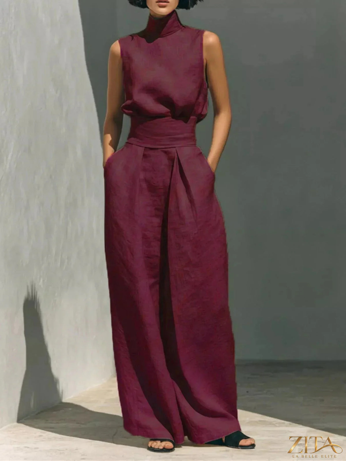 Plus size Zita La Belle Elite sleeveless turtleneck top and wide-leg pants set shown in a full-body shot.