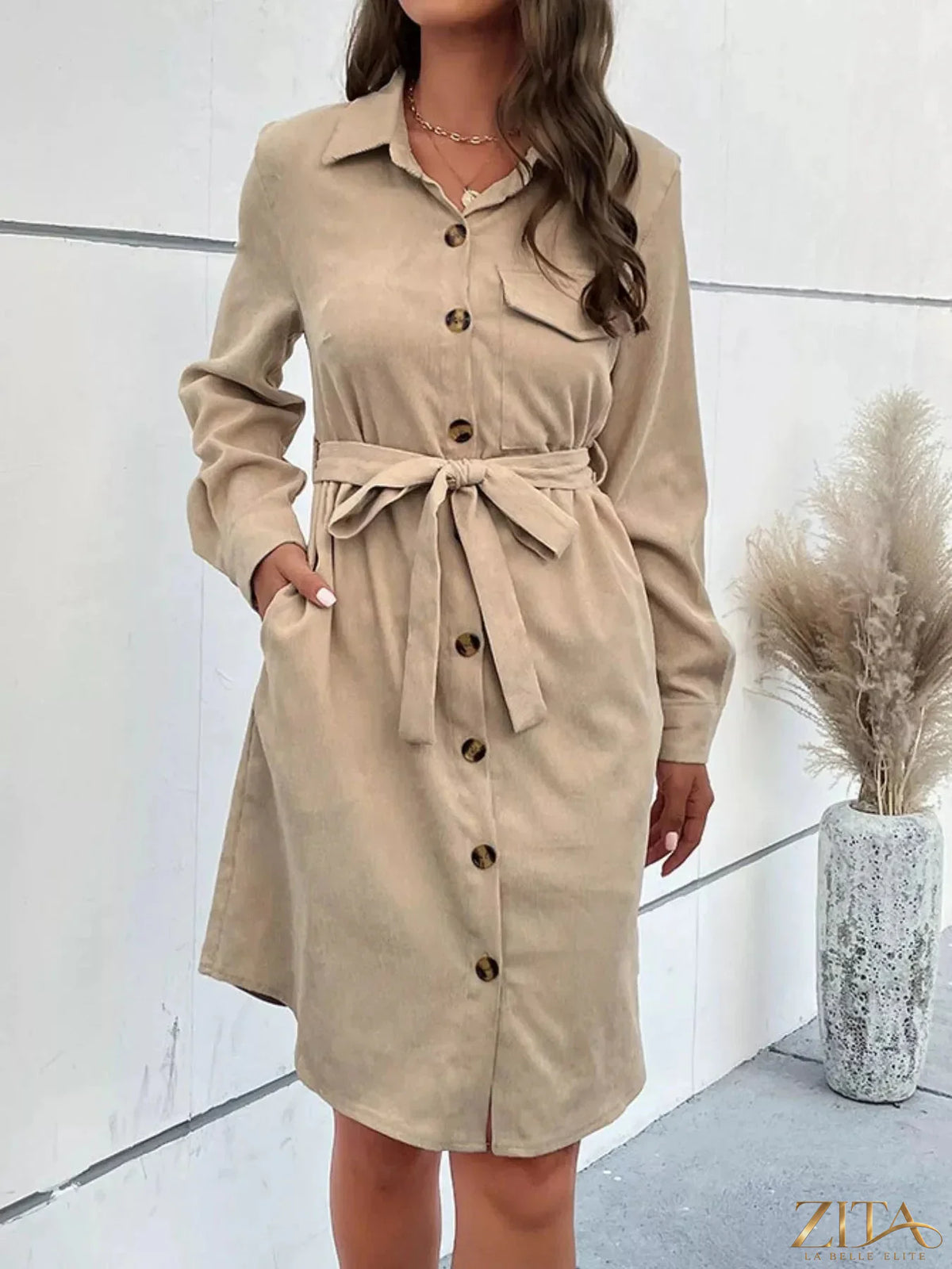 Button-front tie waist shirt dress by Trendsi featuring a collared neckline, long sleeves, and a relaxed fit in a soft fabric.