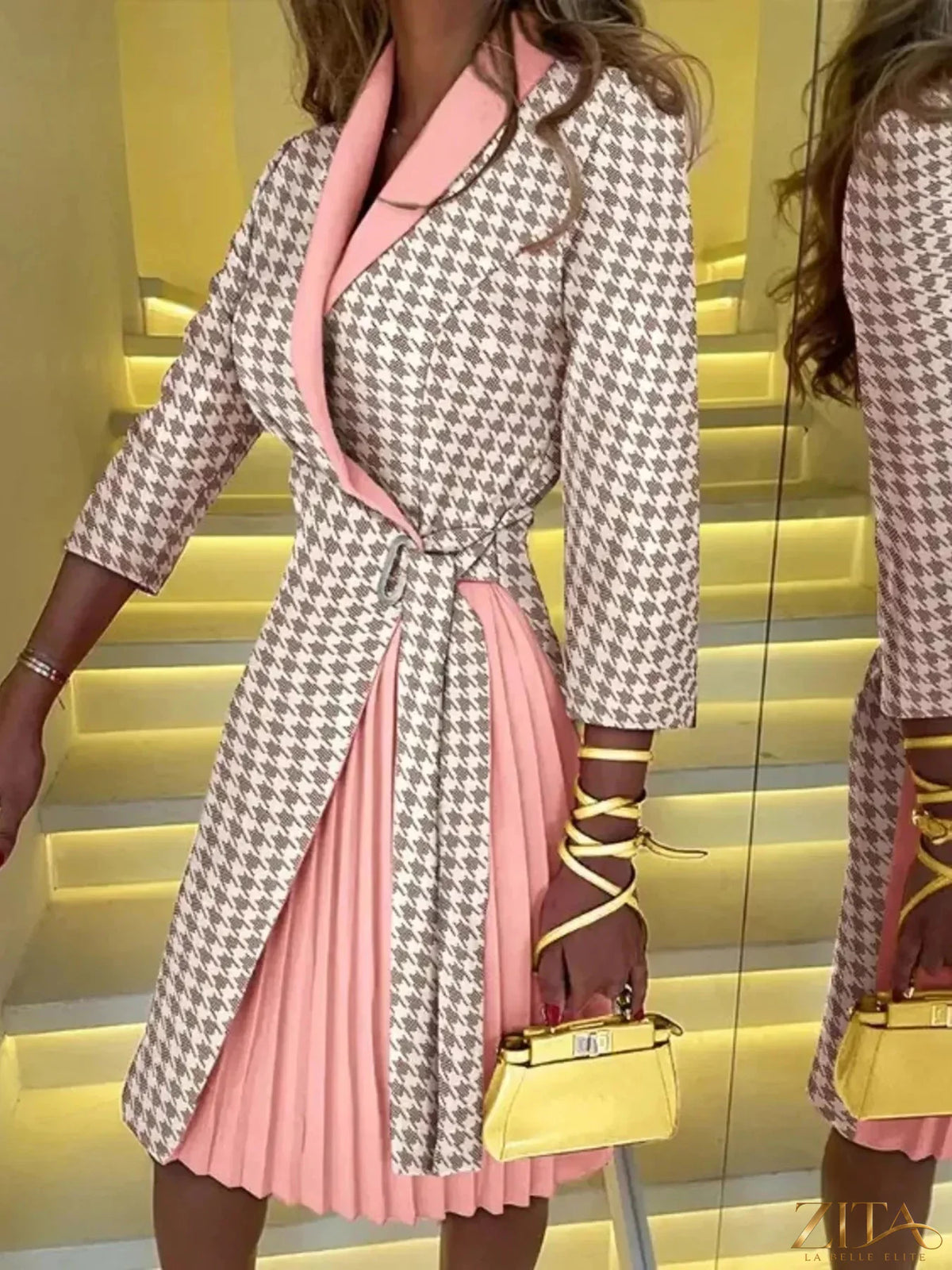 Zita La Belle Elite blazer style pleated midi dress with structured blazer top and flowing pleated skirt, elegant and stylish.
