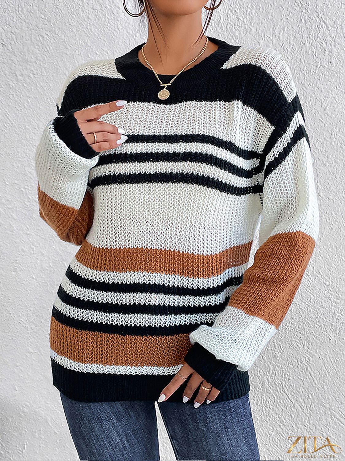 Zita La Belle Elite striped round neck sweater in soft fabric with multicolor horizontal stripes on a model.