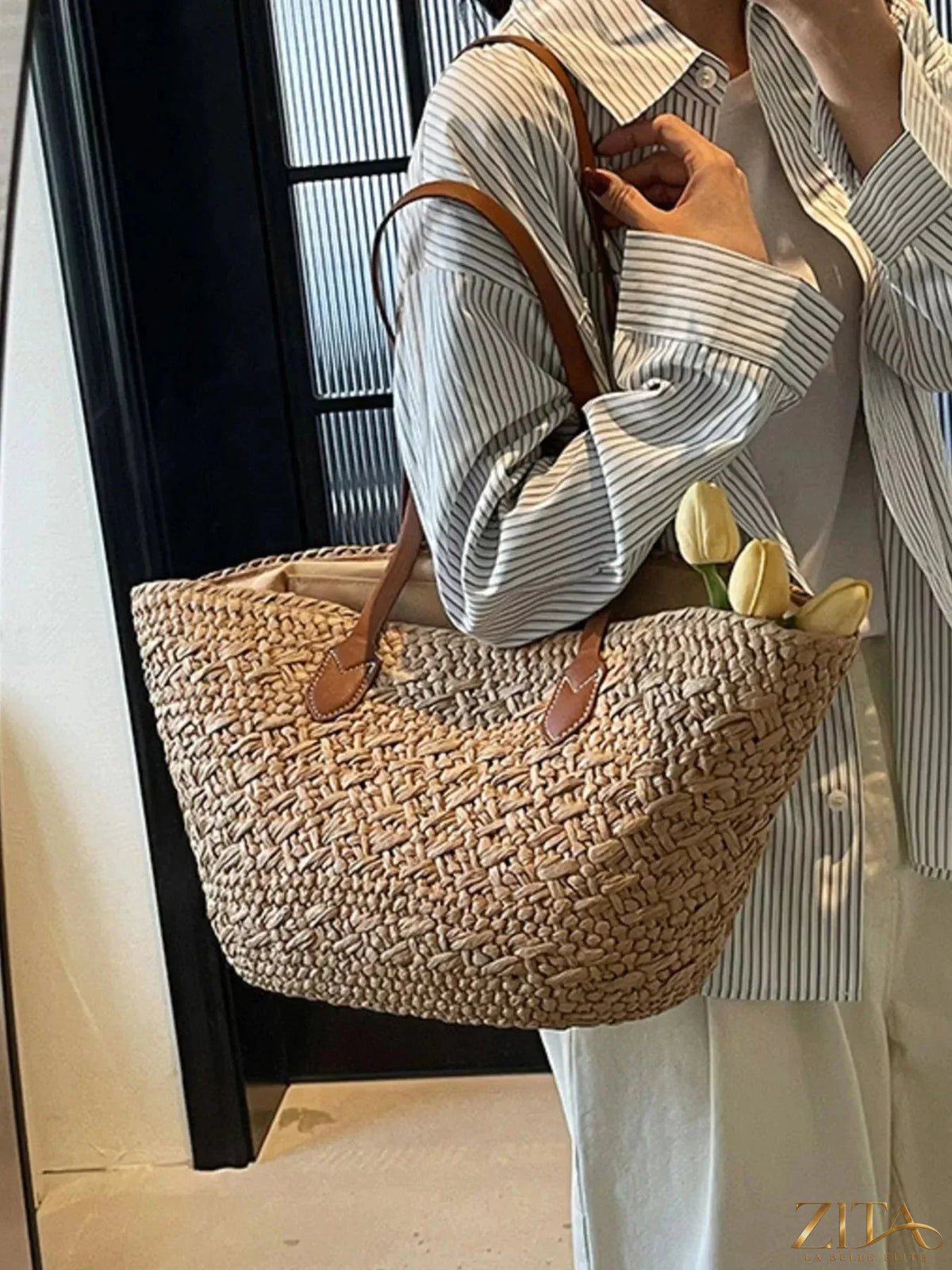 Zita La Belle Elite woven tote shoulder bag with leather handles and spacious interior for stylish everyday use