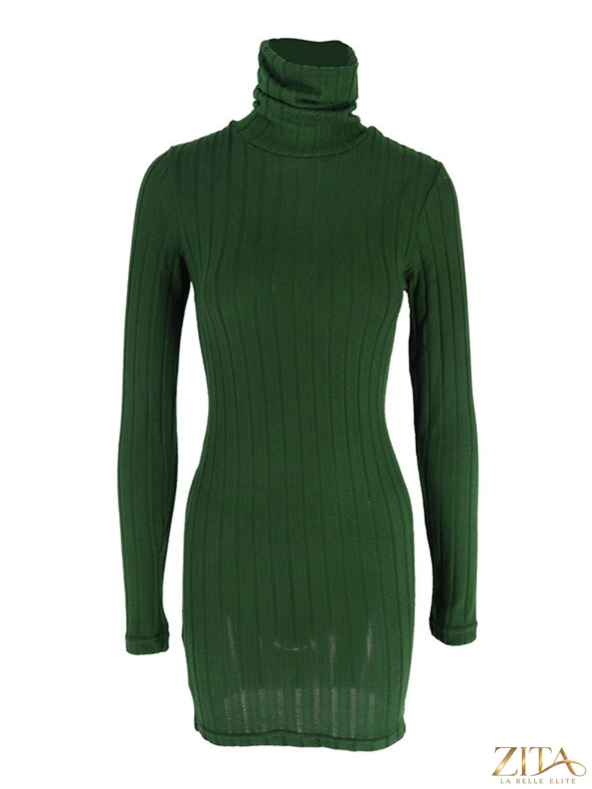 Ribbed black turtleneck bodycon mini dress by Trendsi, close-up of fitted fabric and high neckline.