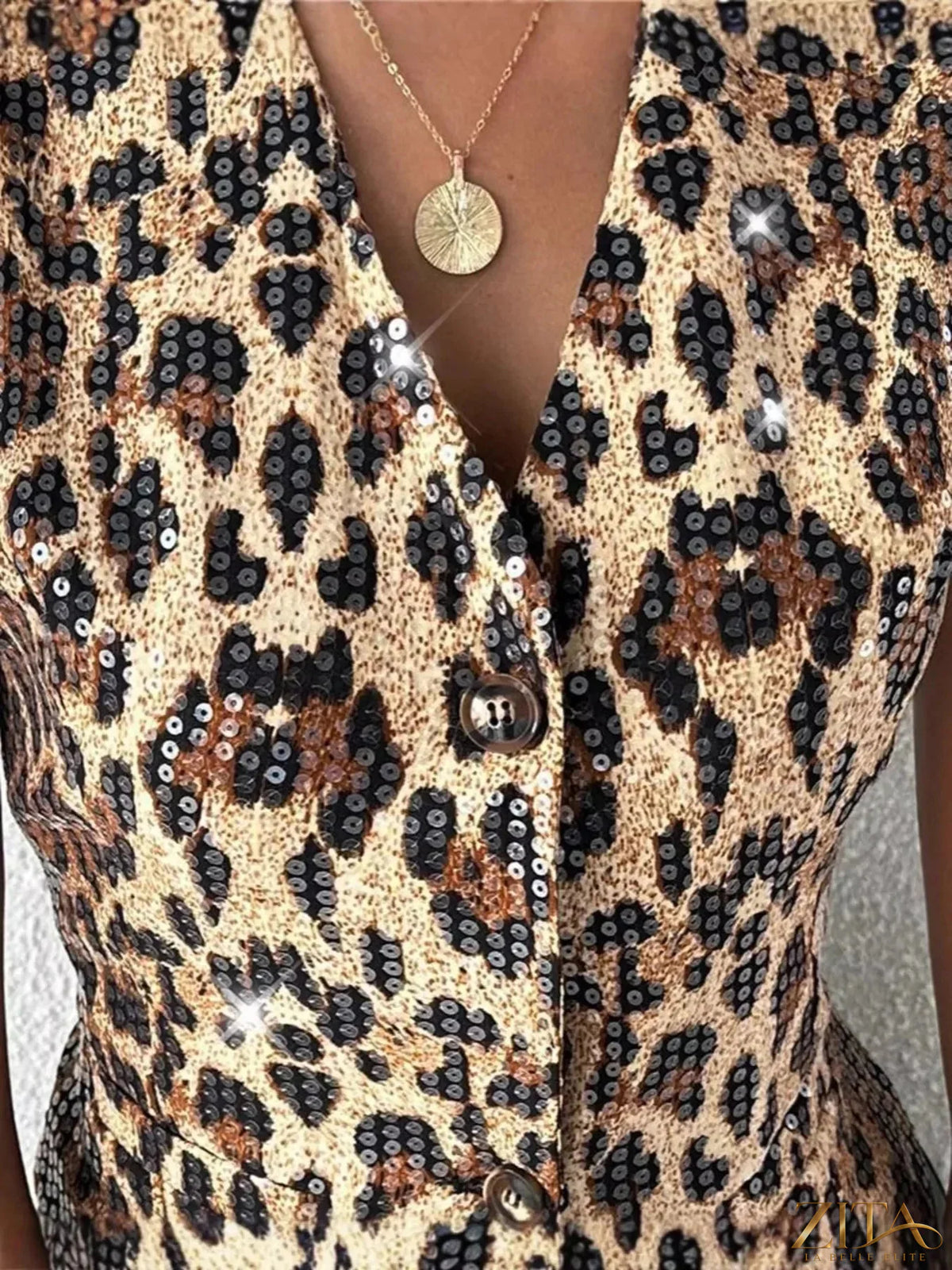 Zita La Belle Elite sequin leopard button-up vest coat with bold animal print and shiny sequin details, stylish and fashionable.