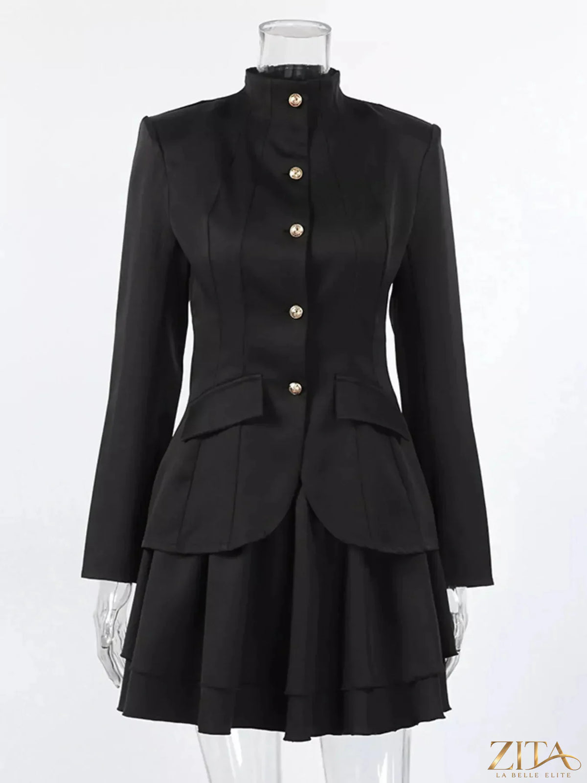 Zita La Belle Elite elegant stand collar blazer and matching mini skirt set, stylish formal outfit in black fabric.