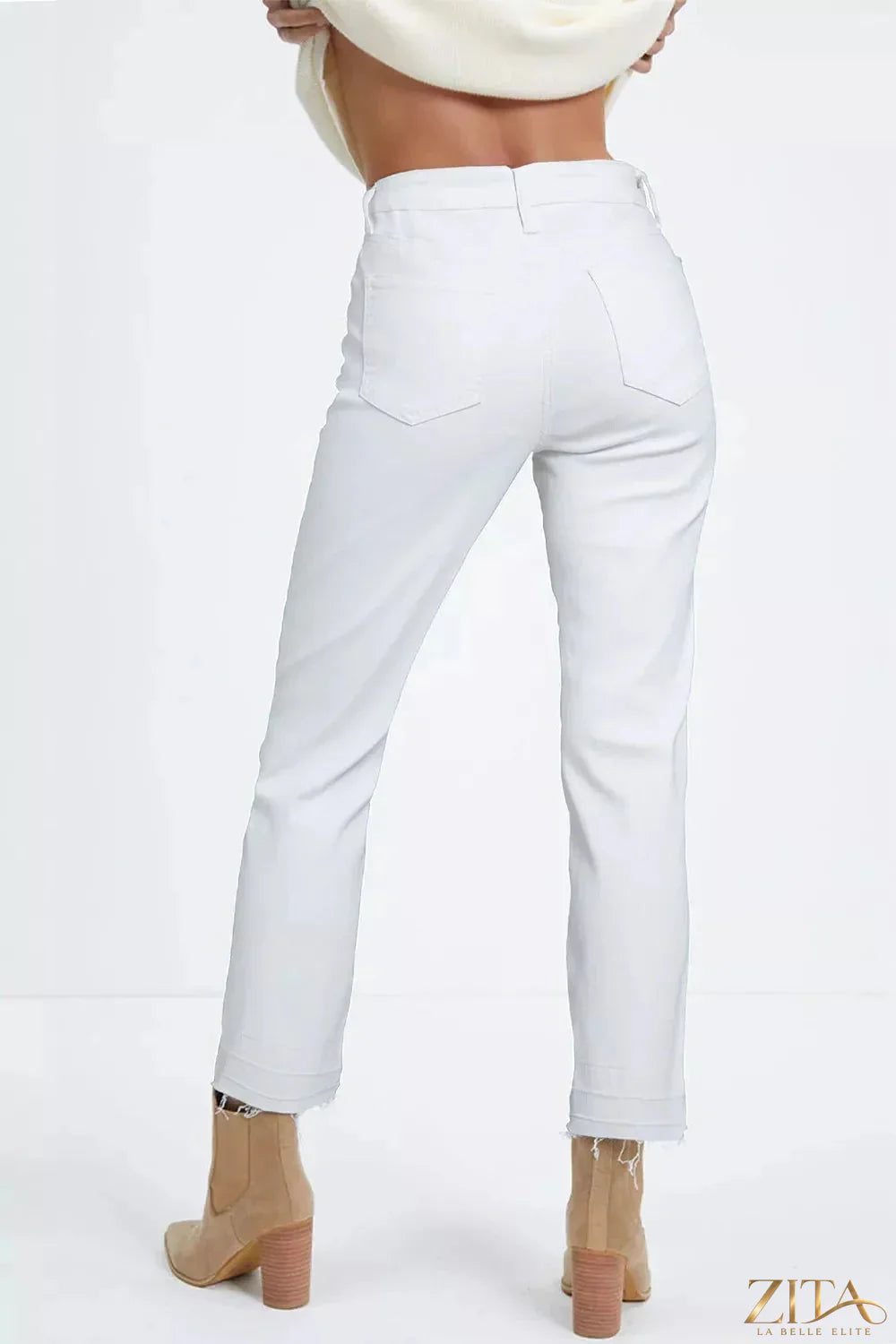 High-waisted straight leg jeans by Zita La Belle Elite, shown in a classic denim style with front pockets and belt loops.