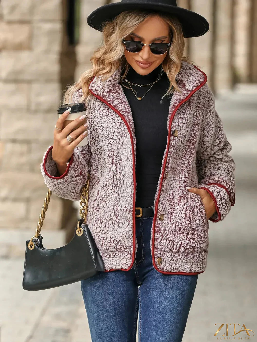 Zita La Belle Elite fuzzy pocketed button-up jacket with a soft, textured fabric and front pockets, stylish for casual wear