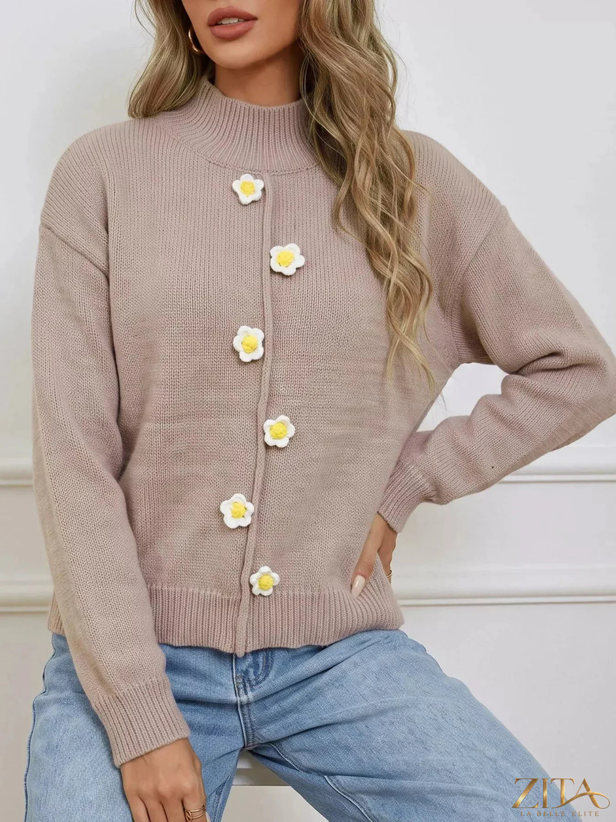 Zita La Belle Elite floral applique turtleneck sweater featuring intricate floral embroidery on a cozy knit fabric.