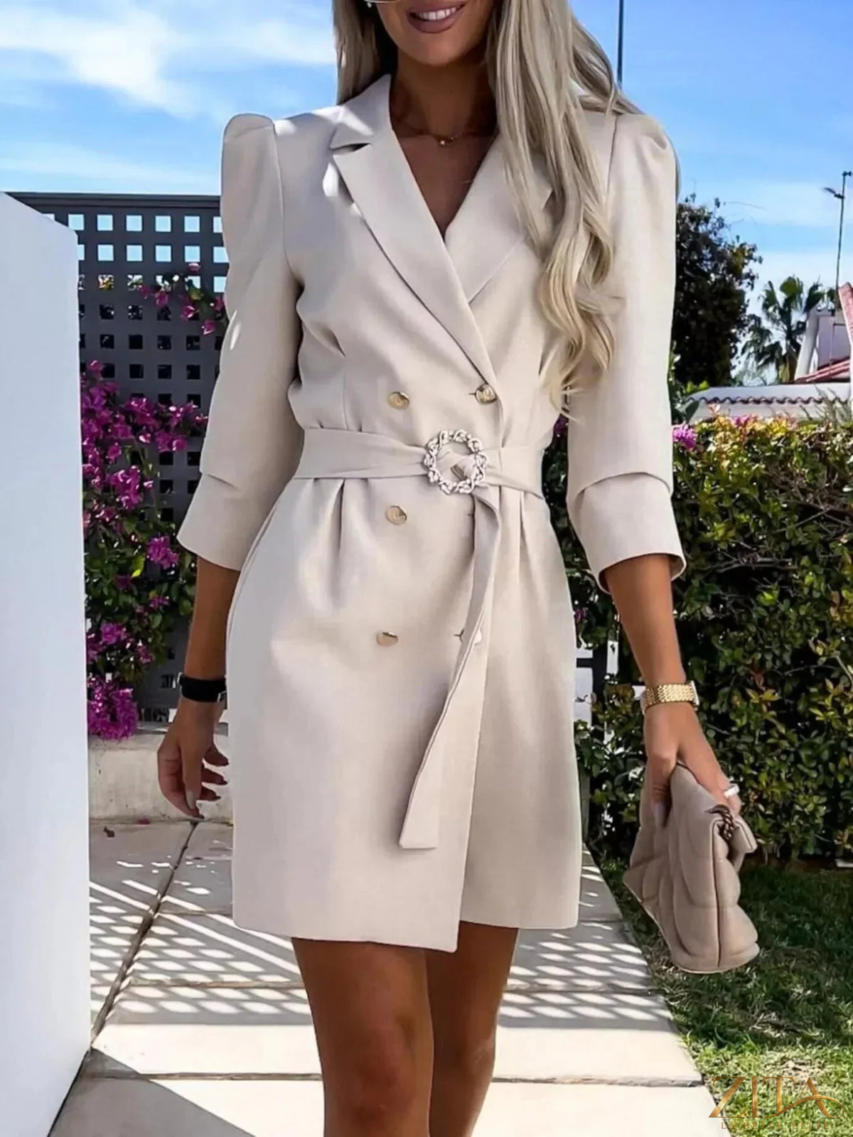 Zita La Belle Elite 3/4 sleeve belted blazer dress in black, featuring a tailored fit and stylish lapel collar.