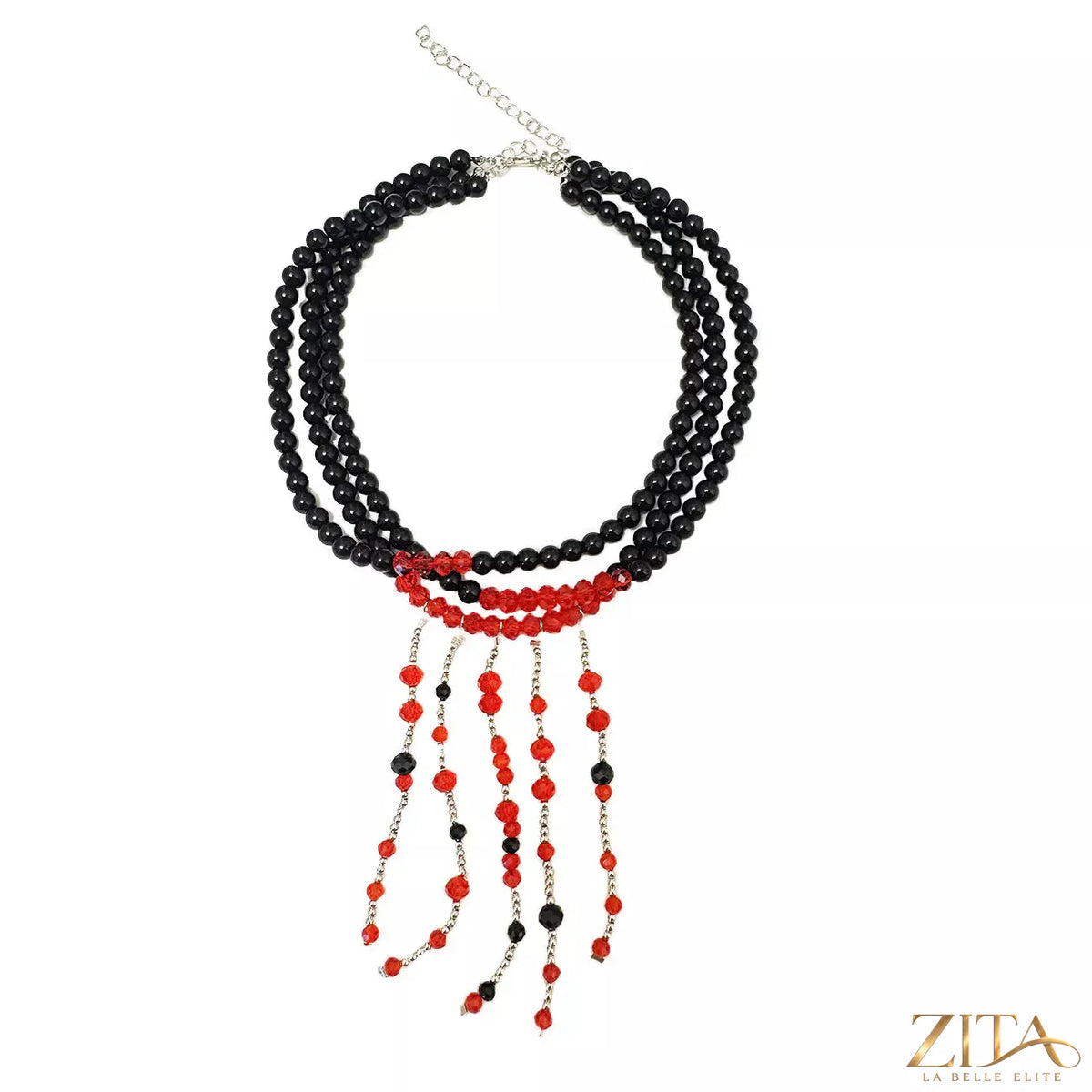 Gothic multi-layered beaded necklace with black and metallic beads, stylish jewelry piece from Trendsi.