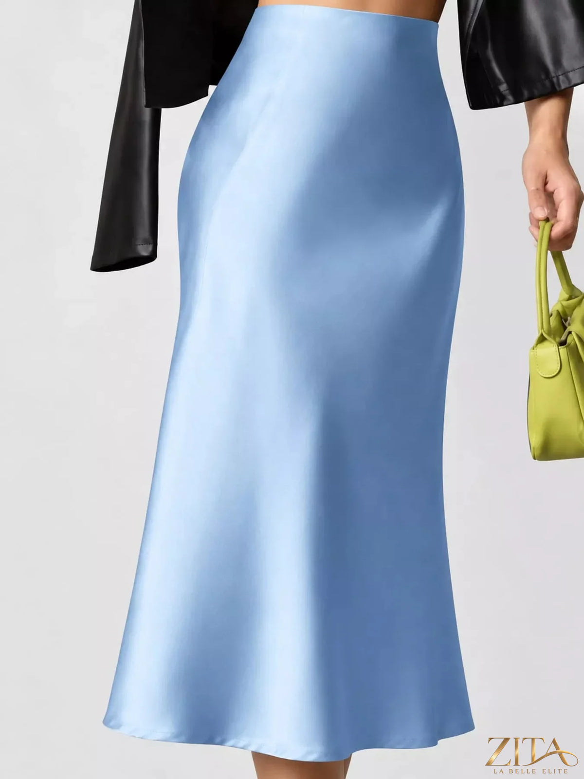 High-waisted satin midi skirt in soft sheen fabric, stylish and elegant, designed by Trendsi.