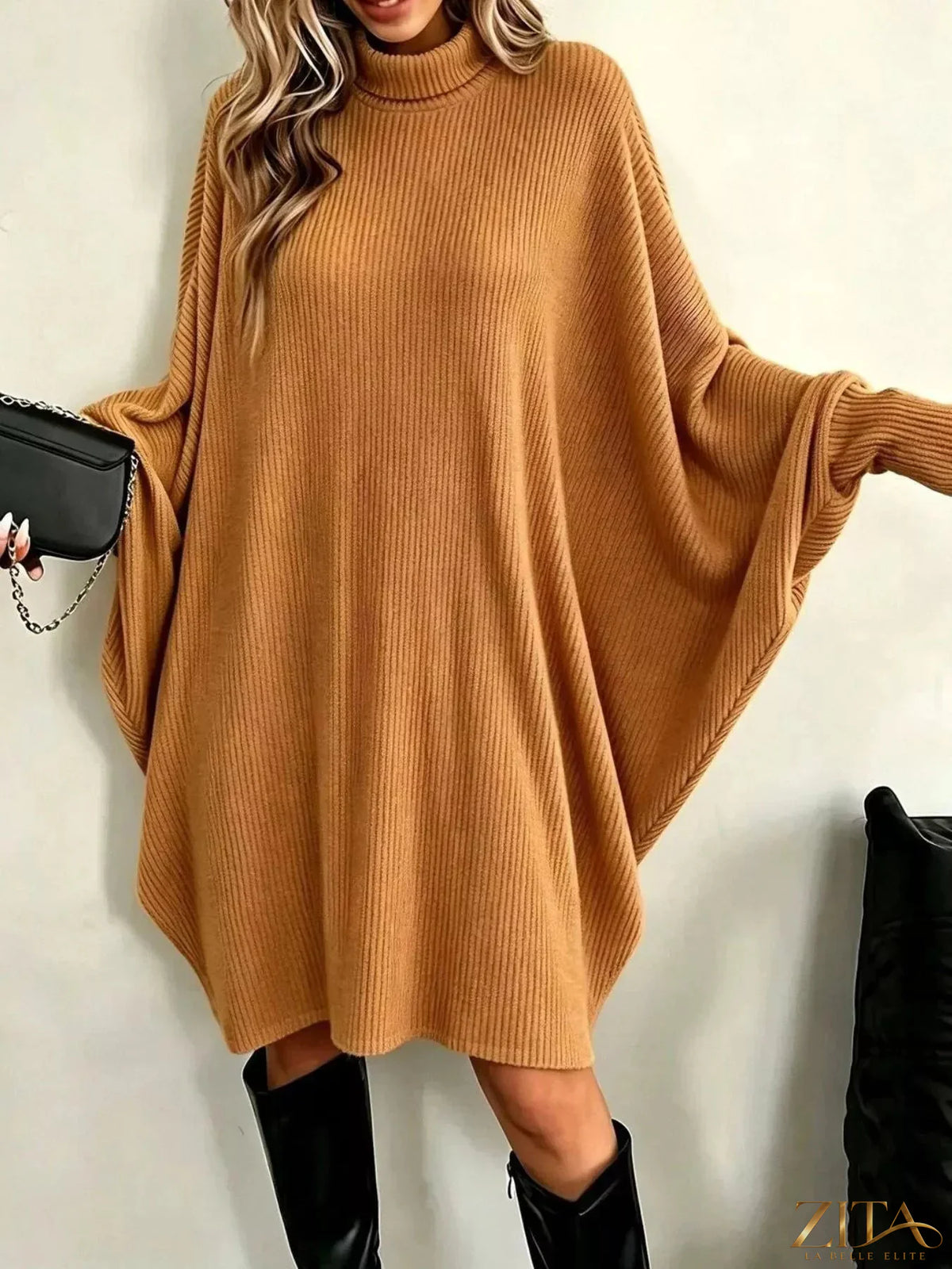 Zita La Belle Elite oversized batwing sleeve ribbed knit turtleneck dress, black, relaxed fit with long sleeves and high neckline.