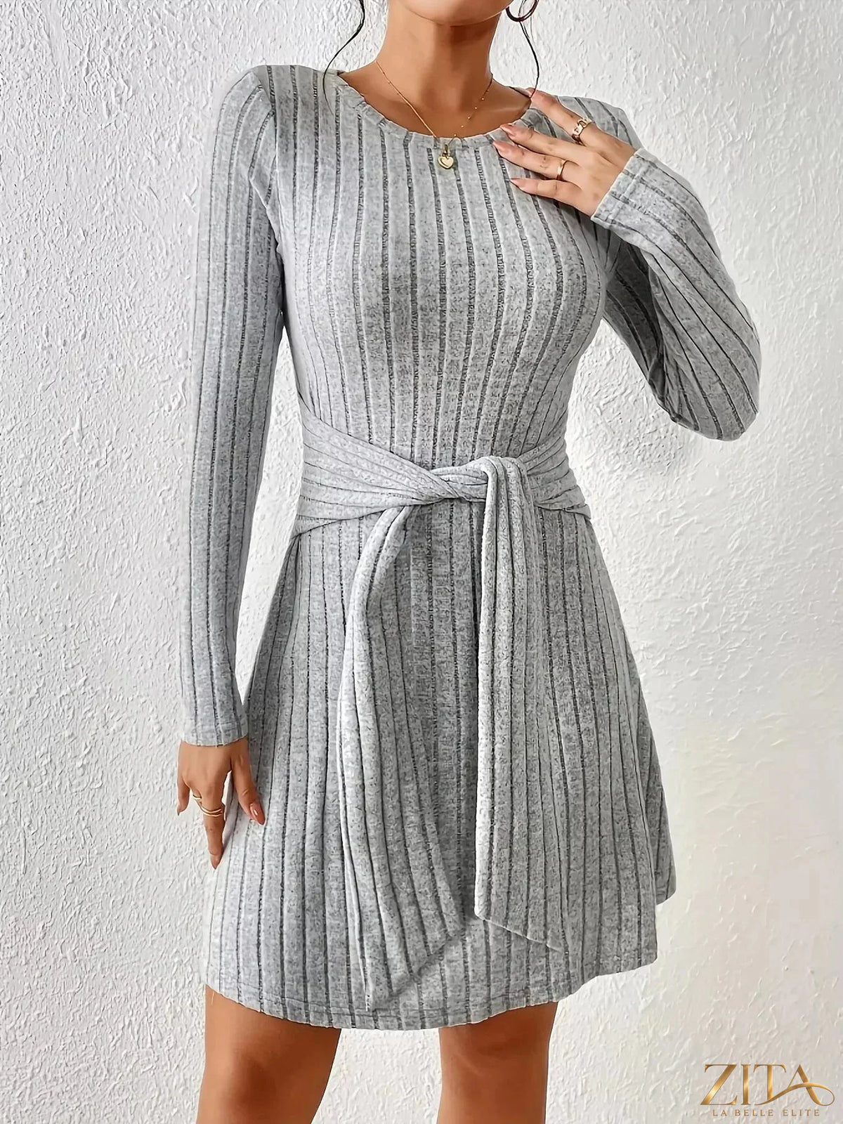 Zita La Belle Elite ribbed knit tie waist long sleeve casual dress, showcasing a fitted silhouette and cozy fabric.