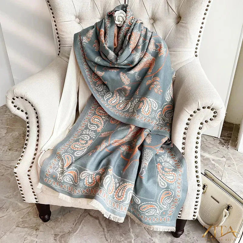 Printed raw hem scarf by Zita La Belle Elite featuring a stylish design and fringed edges on soft, lightweight fabric.