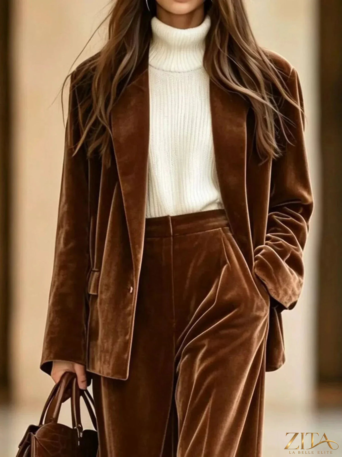 Velvet blazer and wide-leg pants two-piece set by Zita La Belle Elite, featuring a stylish dark velvet fabric and tailored fit.