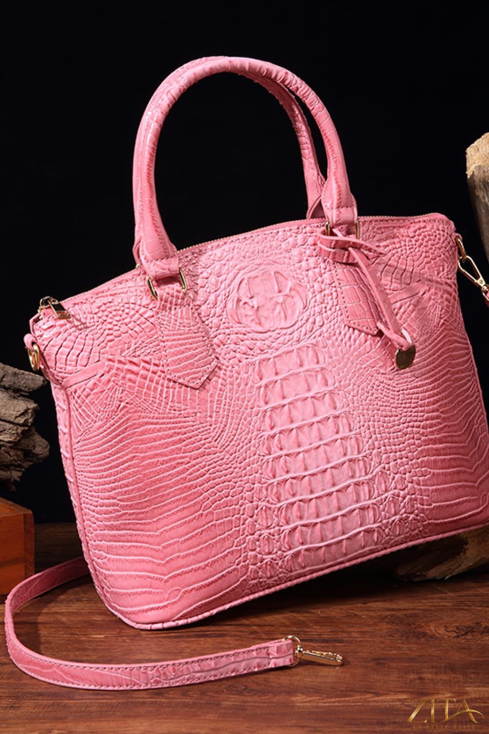 Zita La Belle Elite PU leather handbag with gold hardware, structured design, and top handles on white background