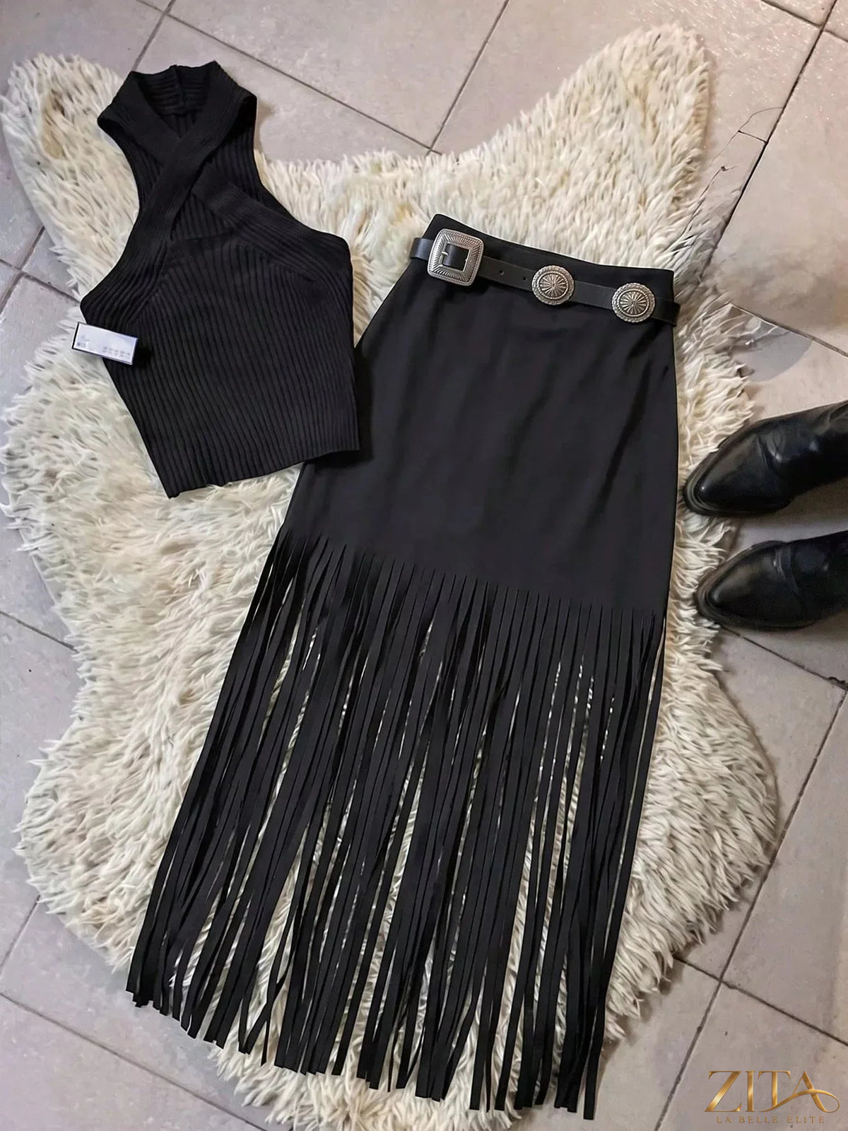 Zita La Belle Elite high-waisted fringe midi skirt with flowing fringe detail, stylish and elegant for fashionable wear.