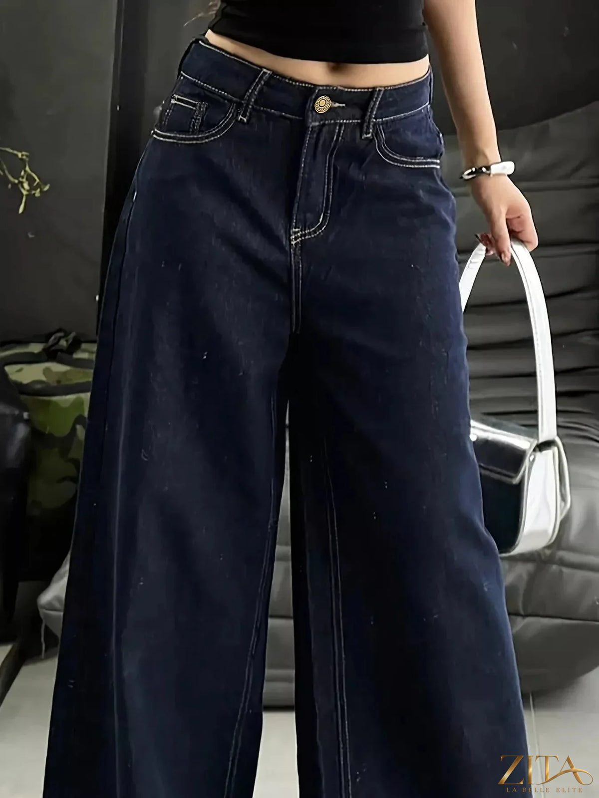 Zita La Belle Elite wide leg jeans in denim with high waist and relaxed fit, shown on a model against a neutral background.