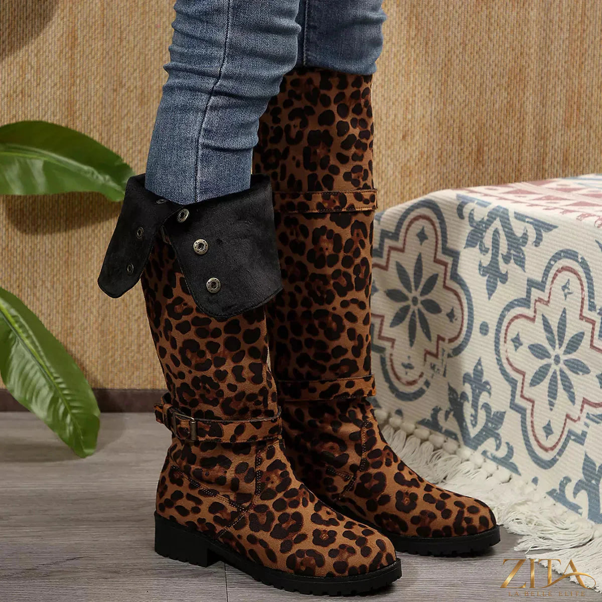 Leopard print block heel boots by Trendsi featuring stylish design and sturdy heels, perfect for fashionable outings.