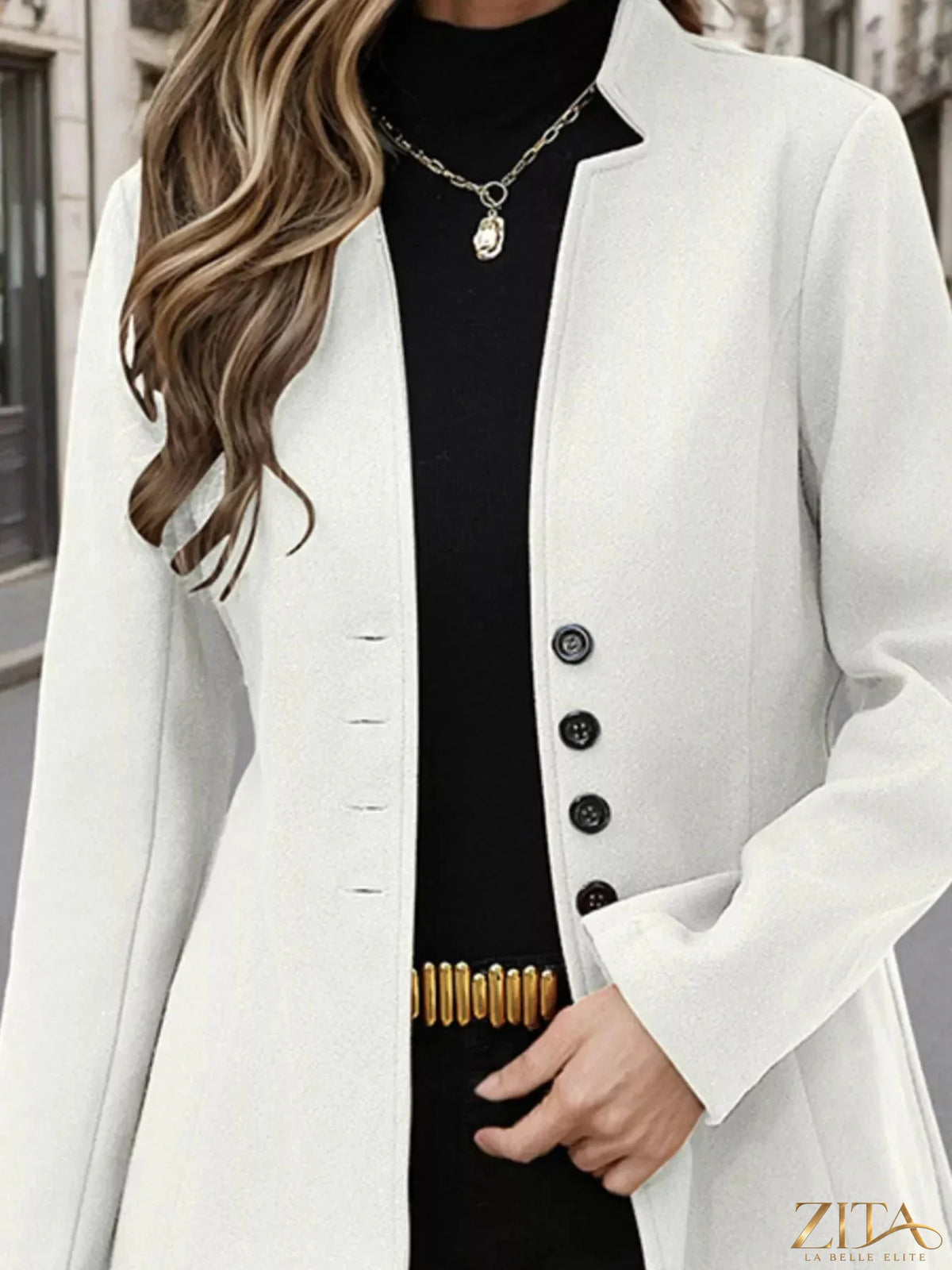 Zita La Belle Elite button-up long sleeve coat with a tailored fit, featuring a classic collar and front buttons.