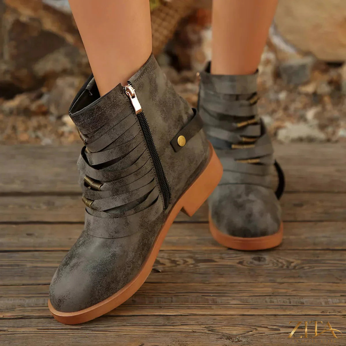 Zita La Belle Elite strappy buckle ankle boots with high heels and ankle straps on a neutral background.